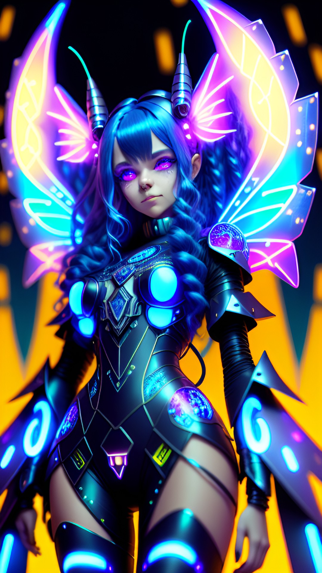 grinning dancing cyberpunk fairy with long blue hair, large fairy wings, glowing neon eyes, electronics & wires, hologram, pointy ears, 8k, extreme intricate detail, hyperreal, asymmetric composition, intelligent eyes, sharp focus, natural skin, flowing clothes, turtleneck, sky background preview