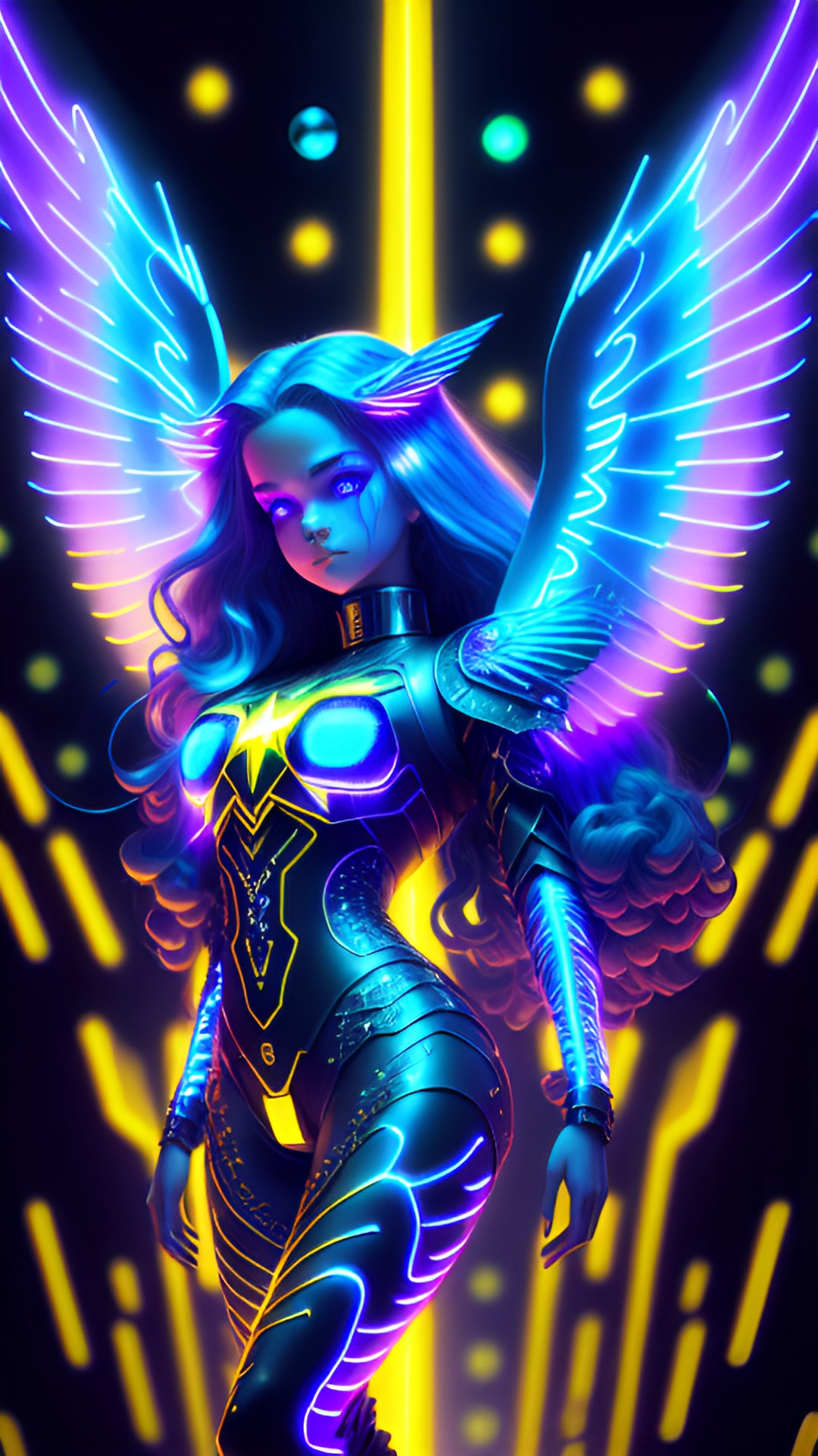 grinning dancing cyberpunk angel with long blue hair, large angel wings, glowing neon eyes, electronics & wires, hologram, pointy ears, 8k, extreme intricate detail, hyperreal, asymmetric composition, intelligent eyes, sharp focus, natural skin, flowing clothes, turtleneck, sky background preview