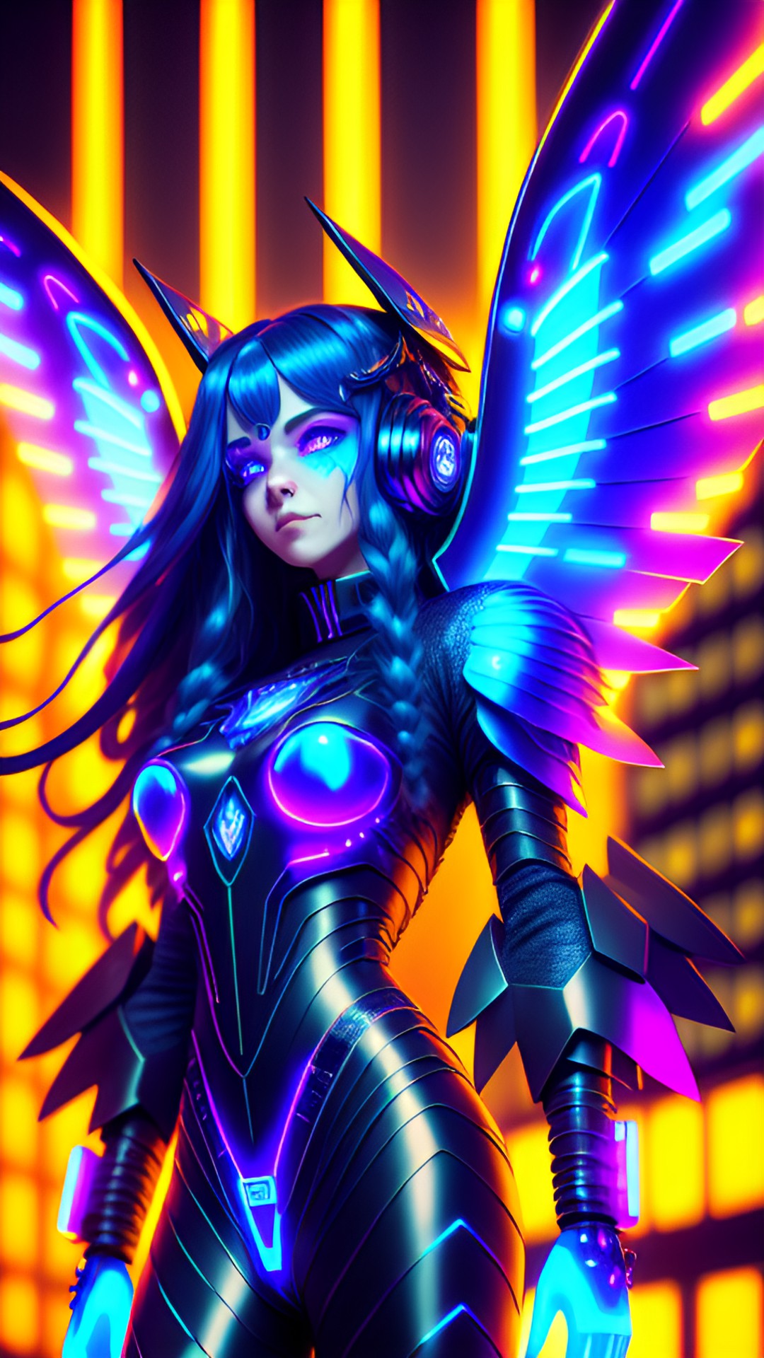 grinning dancing cyberpunk angel with long blue hair, large angel wings, glowing neon eyes, electronics & wires, hologram, pointy ears, intelligent eyes, flowing clothes, turtleneck, 8k, extreme intricate detail, hyperreal, asymmetric composition, sharp focus, natural skin, city background preview