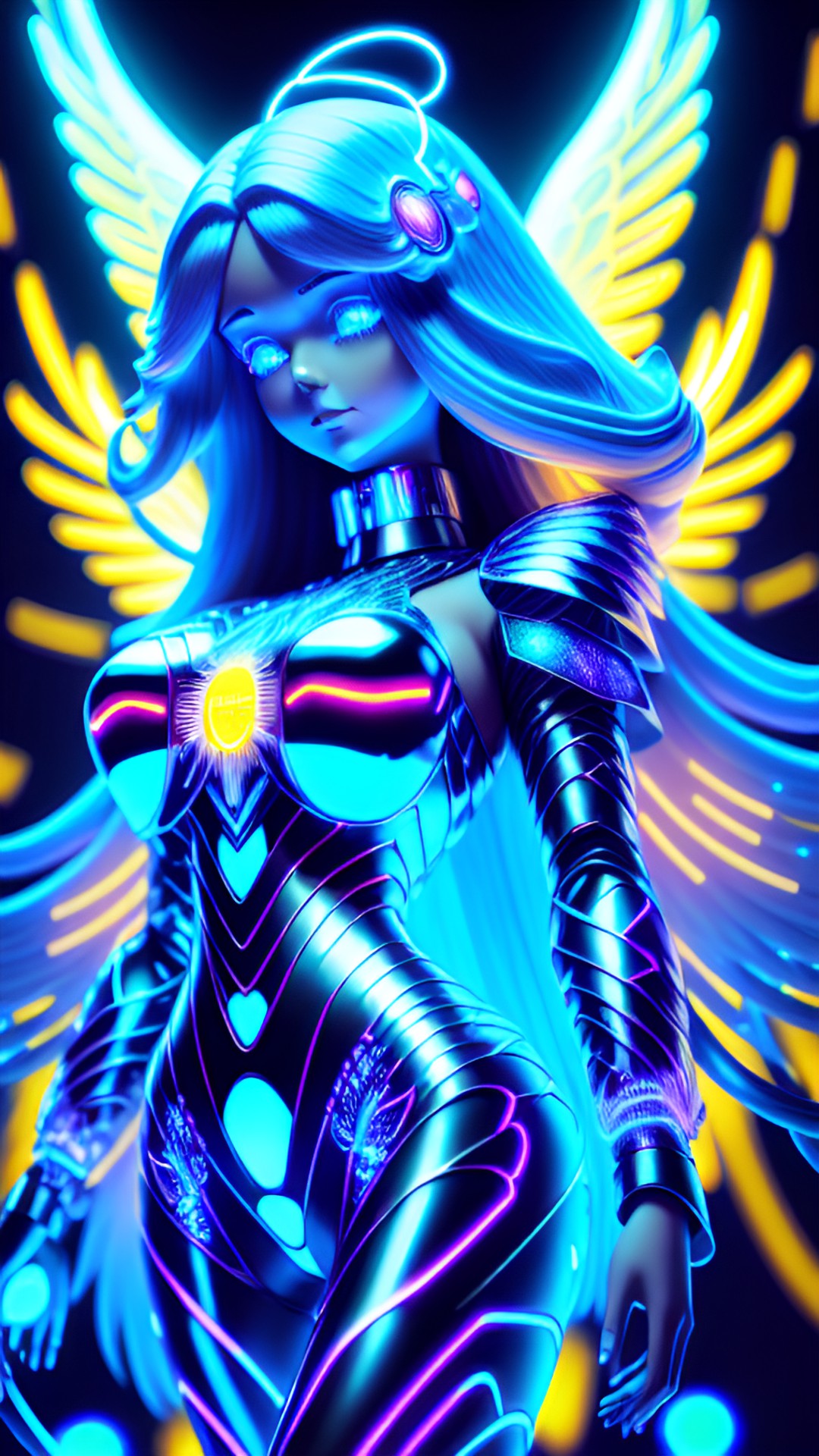 laughing dancing cyber angel with straight long blue flowing hair, large angel wings, glowing neon eyes, electronics & wires, hologram, intelligent eyes, flowing clothes, turtleneck, 8k, extreme intricate detail, hyperreal, asymmetric composition, sharp focus, natural skin, city background, flat chest preview