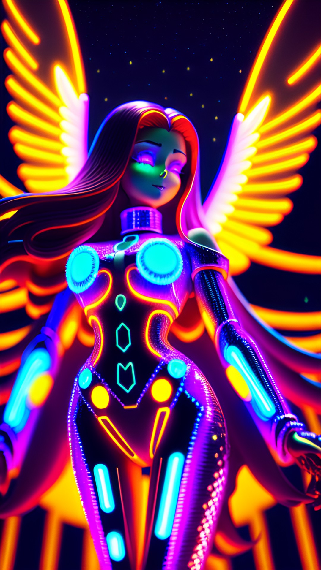 Inframusic - laughing dancing cyber angel with straight long auburn blowing hair, large angel wings, glowing neon eyes, electronics & wires, hologram, intelligent eyes, flowing clothes, turtleneck, 8k, extreme intricate detail, hyperreal, asymmetric composition, sharp focus, natural skin, city background, flat figure preview