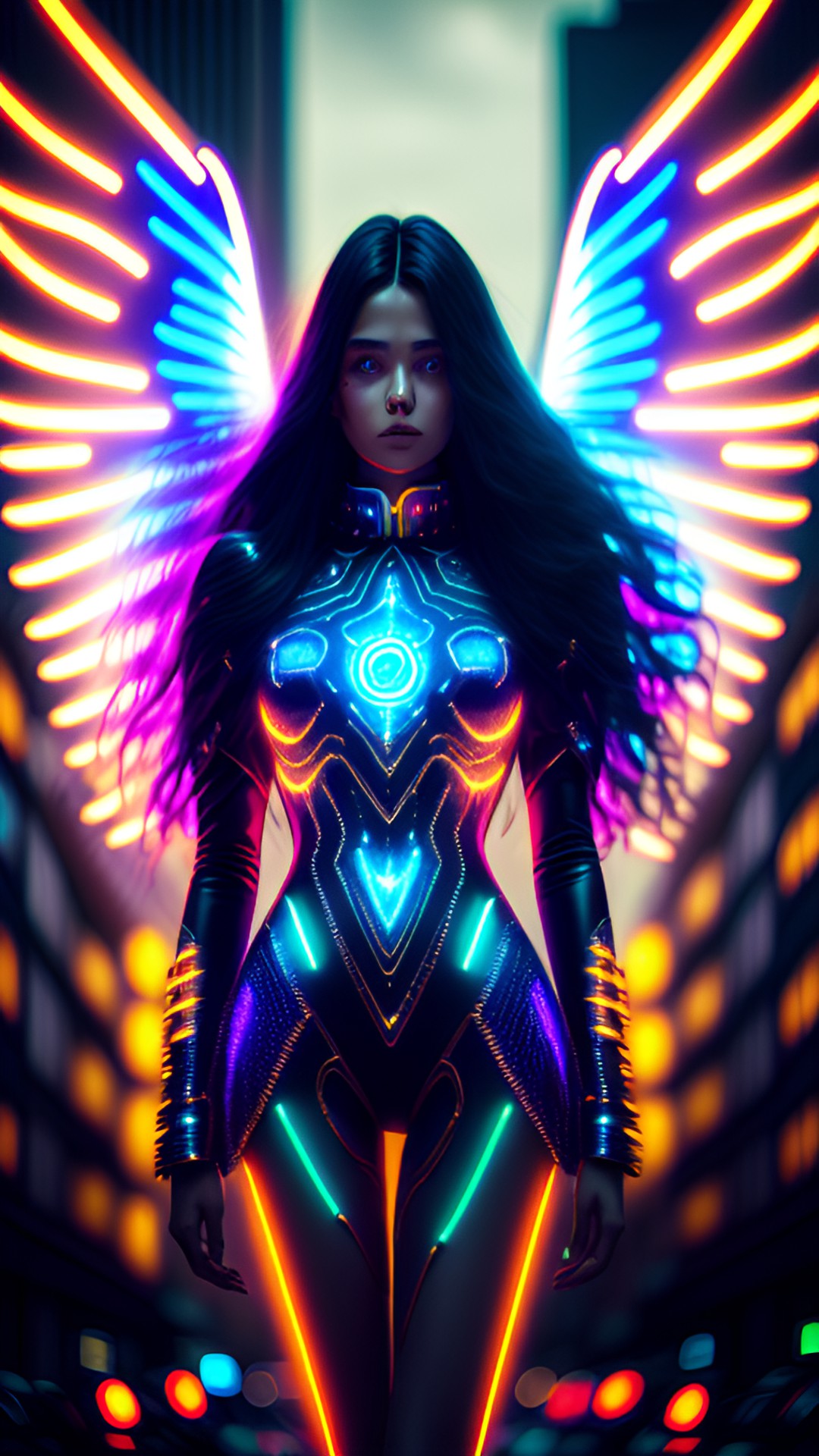 laughing dancing cyberpunk angel with straight long brunette hair, large angel wings, glowing neon eyes, electronics & wires, hologram, intelligent eyes, flowing clothes, turtleneck, 8k, extreme intricate detail, hyperreal, asymmetric composition, sharp focus, natural skin, city background, flat figure preview