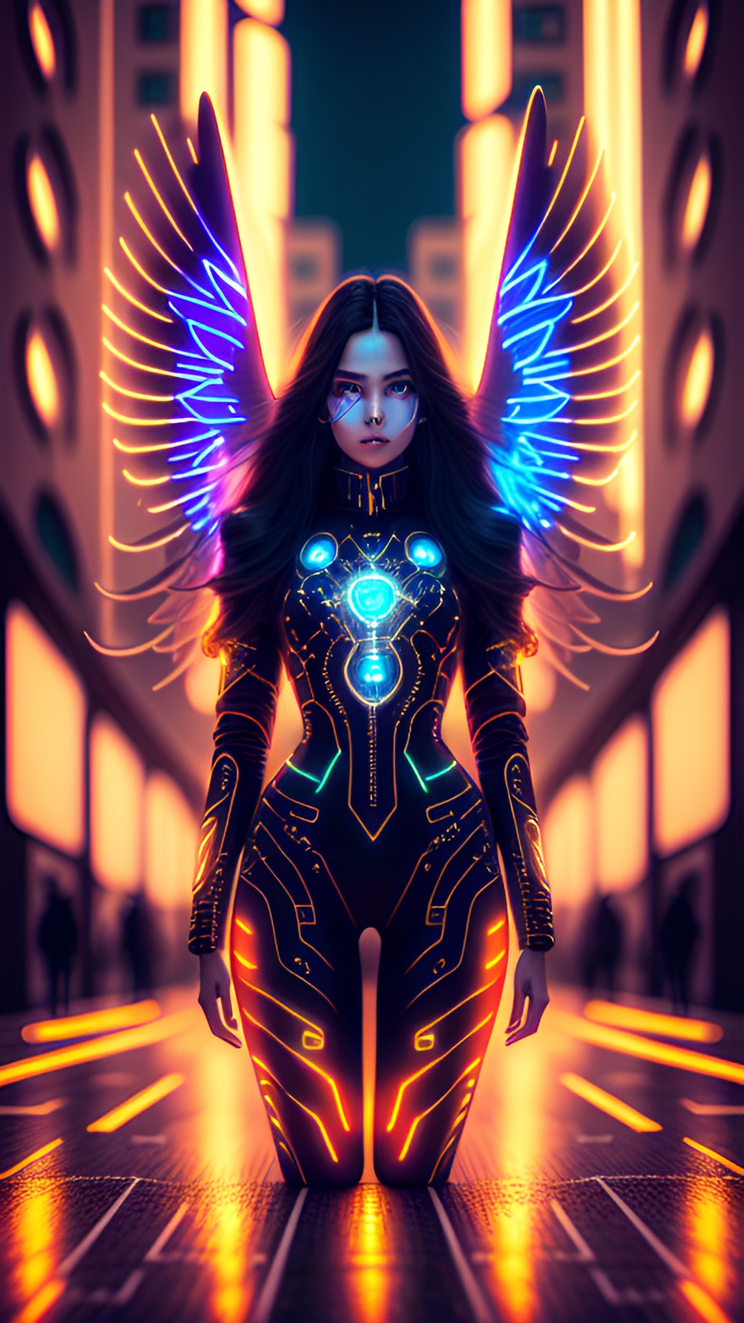 Infraworlder - laughing dancing cyberpunk angel with straight long brown hair, large angel wings, glowing neon eyes, electronics & wires, hologram, intelligent eyes, flowing clothes, turtleneck, 8k, extreme intricate detail, hyperreal, asymmetric composition, sharp focus, natural skin, city background, flat figure preview