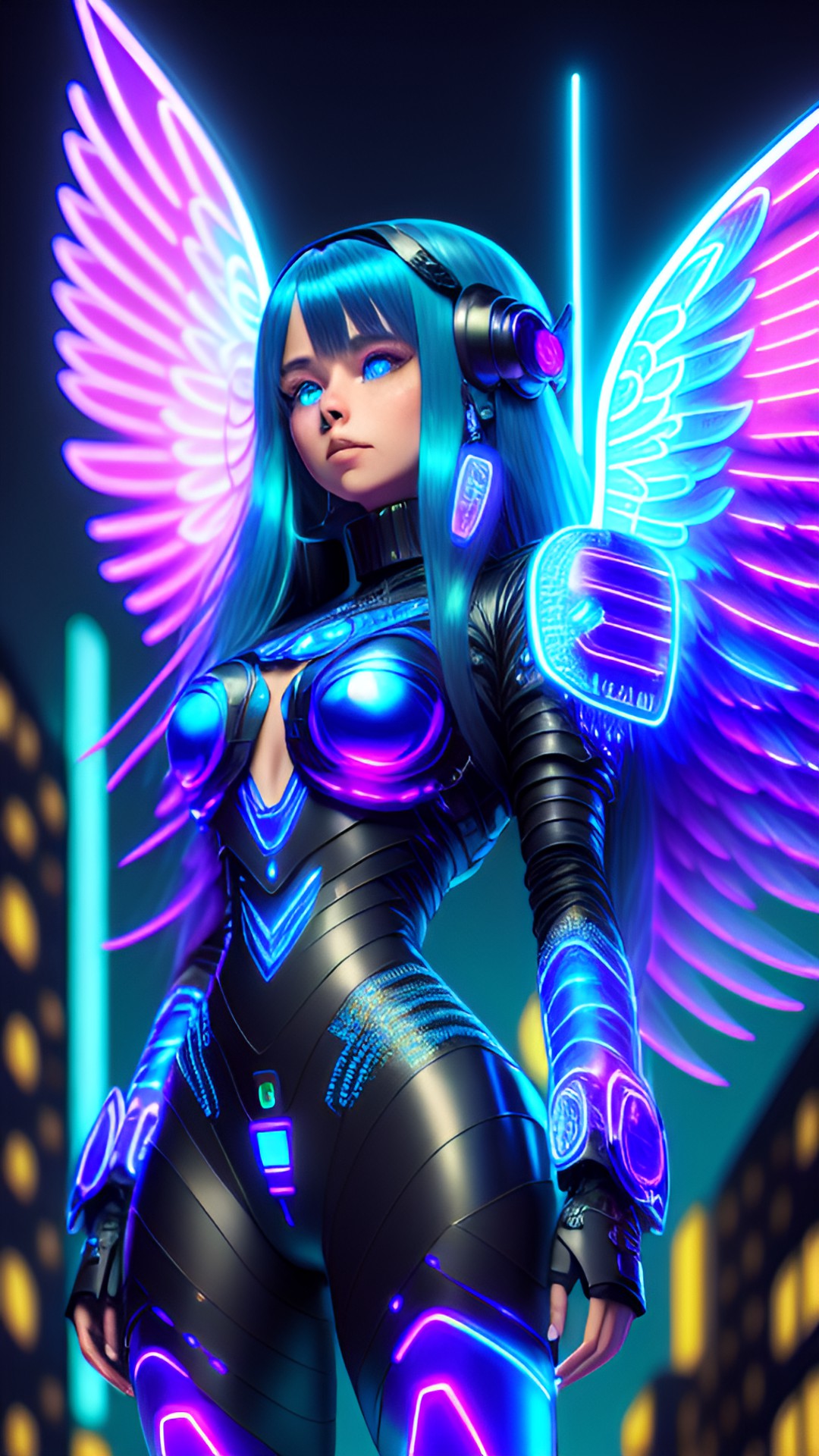 laughing cyber angel with long straight blue hair, large wings, glowing neon eyes, electronics & wires, hologram, intelligent eyes, flowing clothes, turtleneck, 8k, extreme intricate detail, hyperreal, asymmetric composition, sharp focus, natural skin, city background, age 40 preview