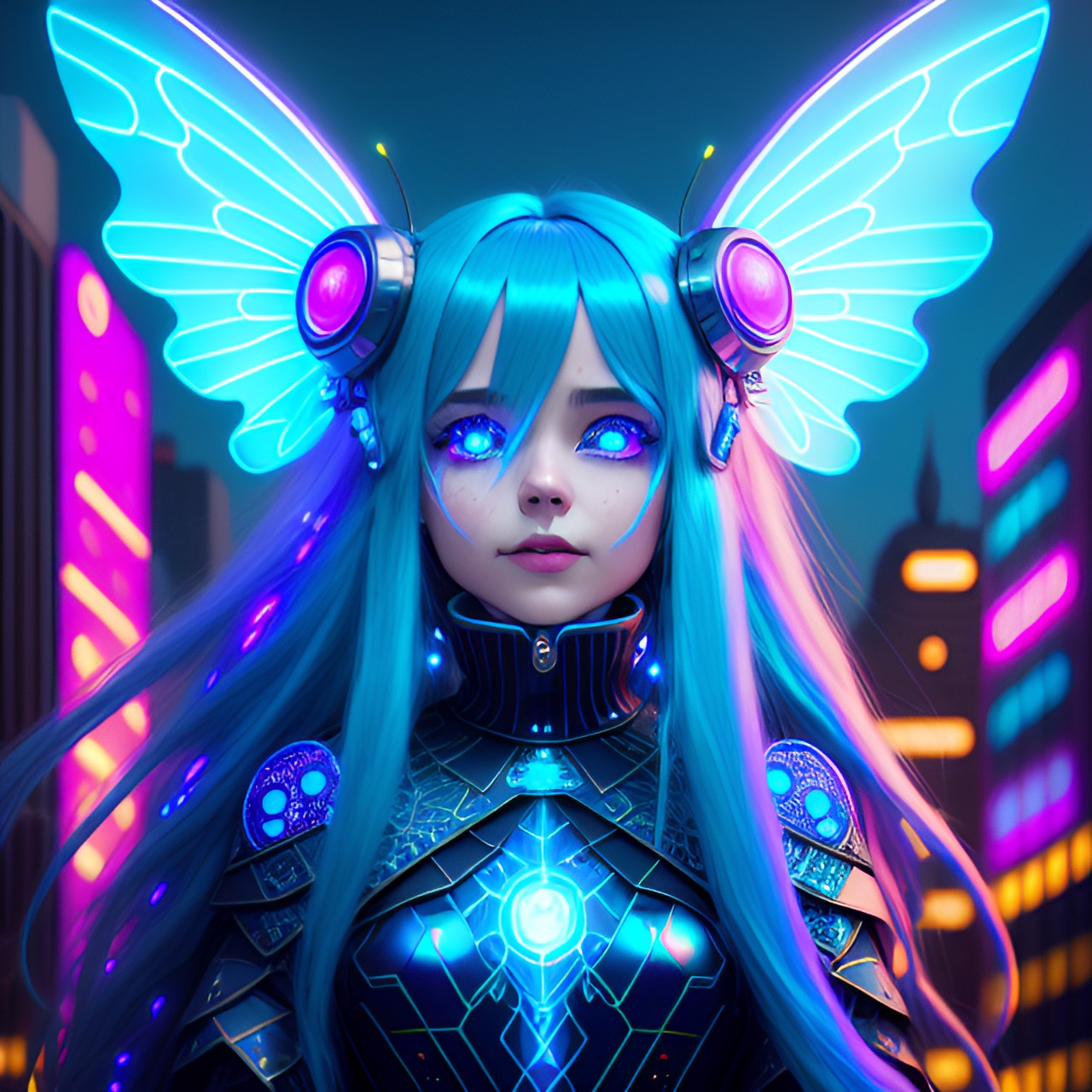 laughing cyberpunk fairy with long straight blue hair, large fairy wings, glowing neon eyes, electronics & wires, hologram, intelligent eyes, flowing clothes, turtleneck, 8k, extreme intricate detail, hyperreal, asymmetric composition, sharp focus, natural skin, city background, preview