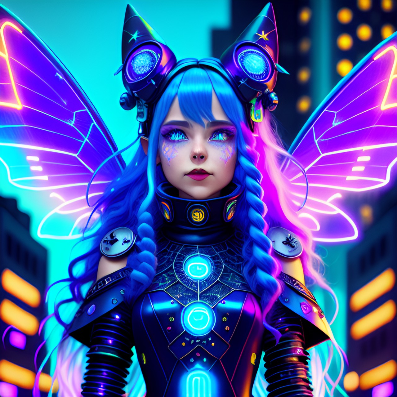 laughing dancing cyberpunk fairy with long blue hair, large fairy wings, glowing neon eyes, electronics & wires, hologram, elf ears, intelligent eyes, flowing clothes, turtleneck, 8k, extreme intricate detail, hyperreal, asymmetric composition, sharp focus, natural skin, city background preview