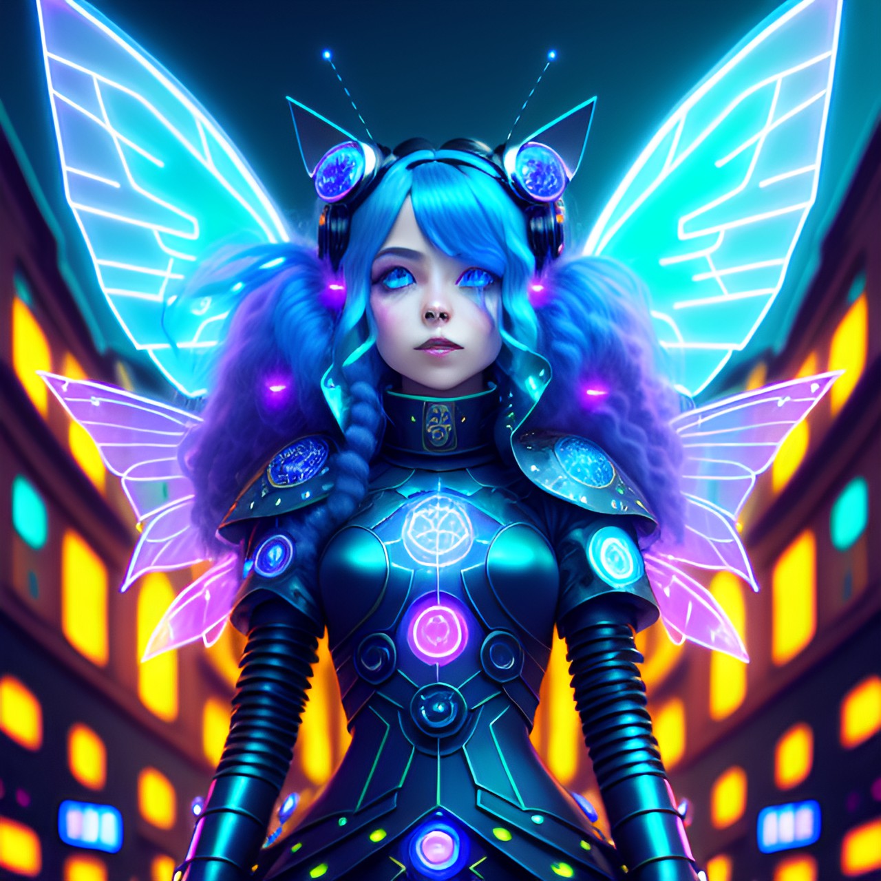 Baby Metal 2084 - laughing dancing cyberpunk fairy with long blue hair, large fairy wings, glowing neon eyes, electronics & wires, hologram, elf ears, intelligent eyes, flowing clothes, turtleneck, 8k, extreme intricate detail, hyperreal, asymmetric composition, sharp focus, natural skin, city background preview