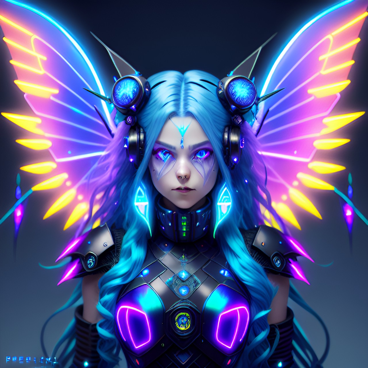 grinning cyberpunk fairy with long blue hair, large fairy wings, glowing neon eyes, battle pose, electronics & wires, hologram, pointy ears, 8k, extreme intricate detail, hyperreal, excellent composition, fix face, fix hands, detailed eyes, fix mouth, fix nose, sharp focus, no extra limbs, natural skin, loose clothes, turtleneck preview