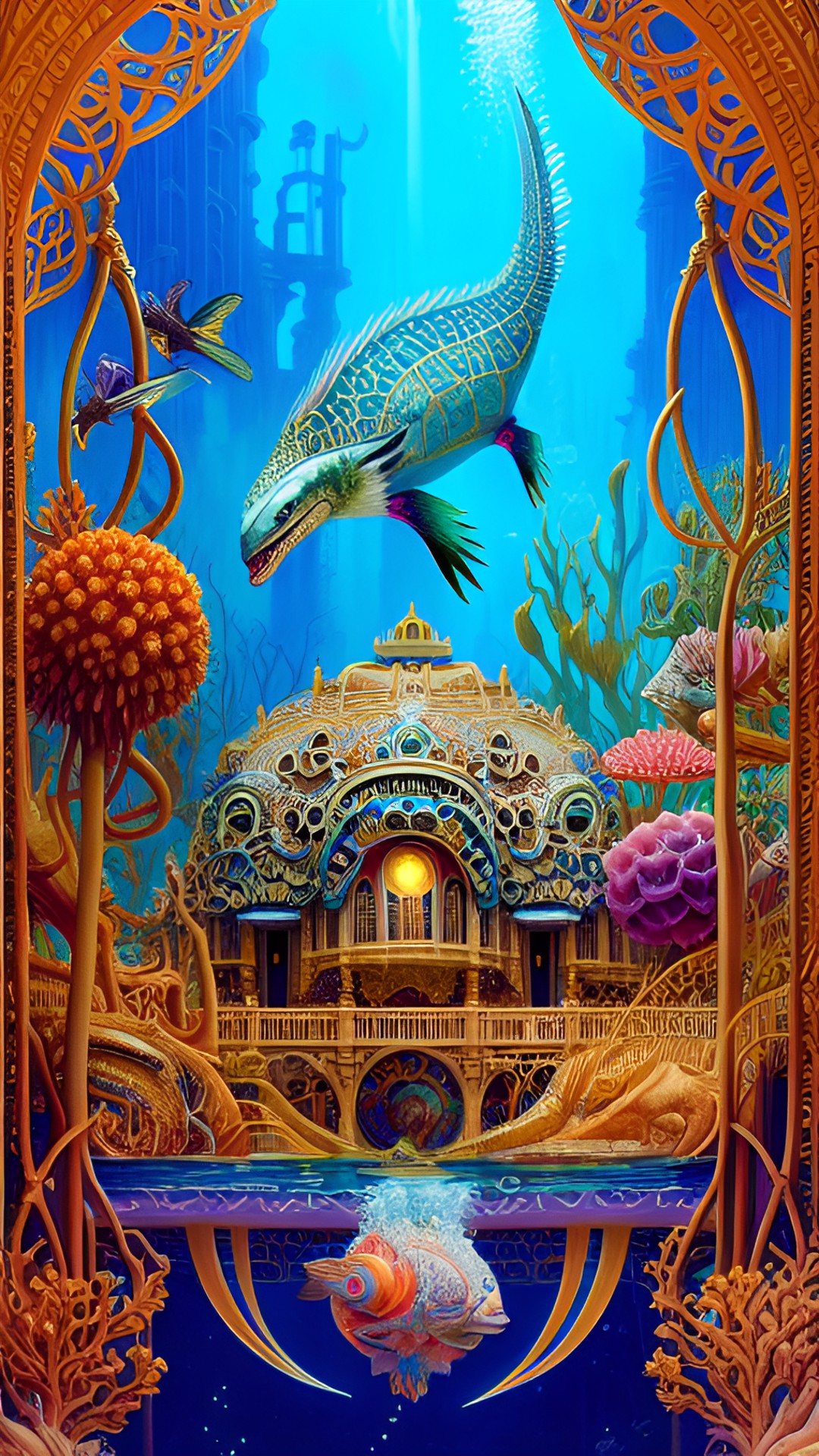 an underwater city with art nouveau architecture and prehistoric creatures. preview