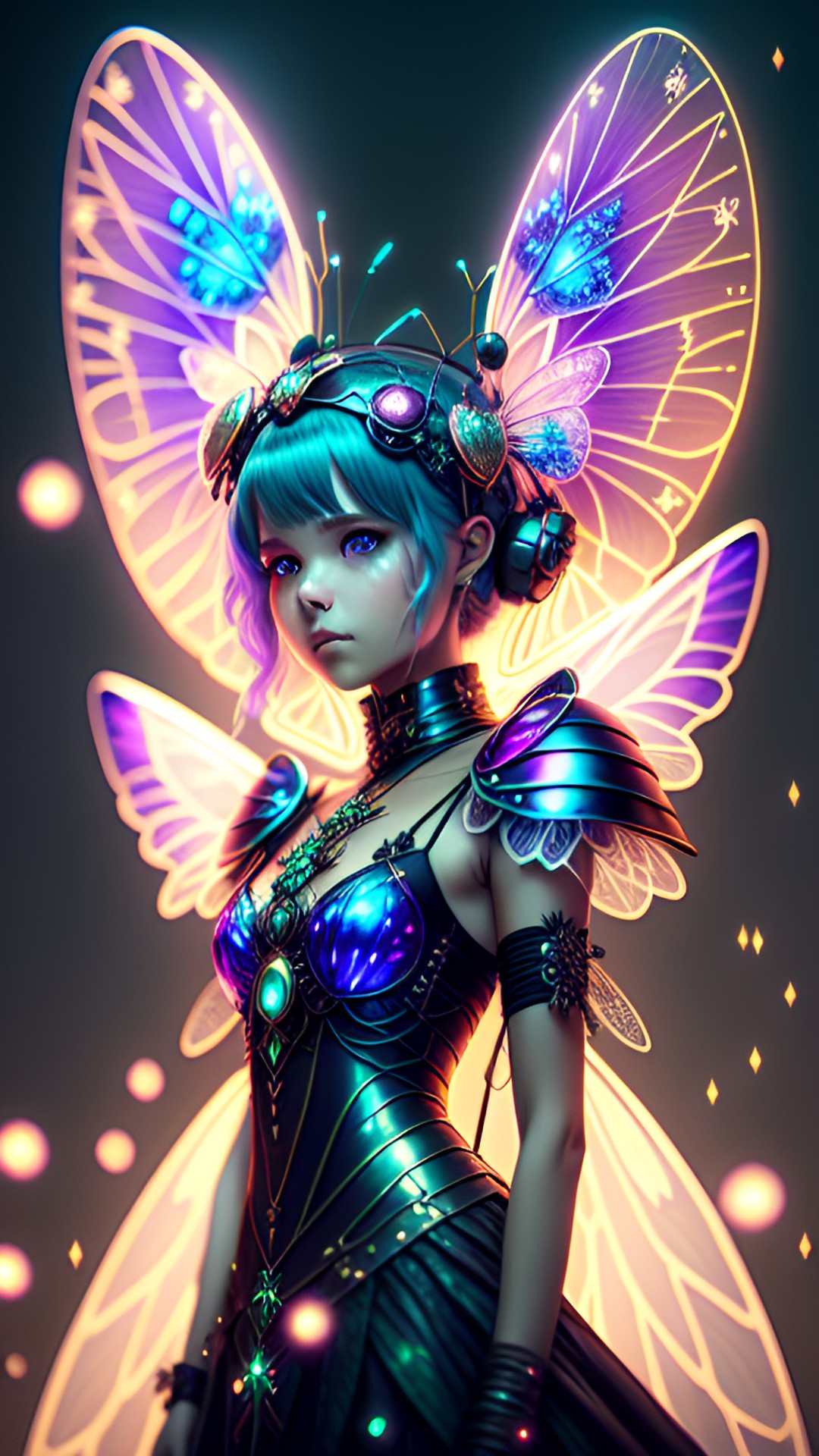 cyberpunk fairy with dragonfly wings  - a delicate fairy with iridescent dragonfly wings, perched on a mushroom as sparks ignite around her. she wears a crown of circuits and holds a sword made of electricity preview