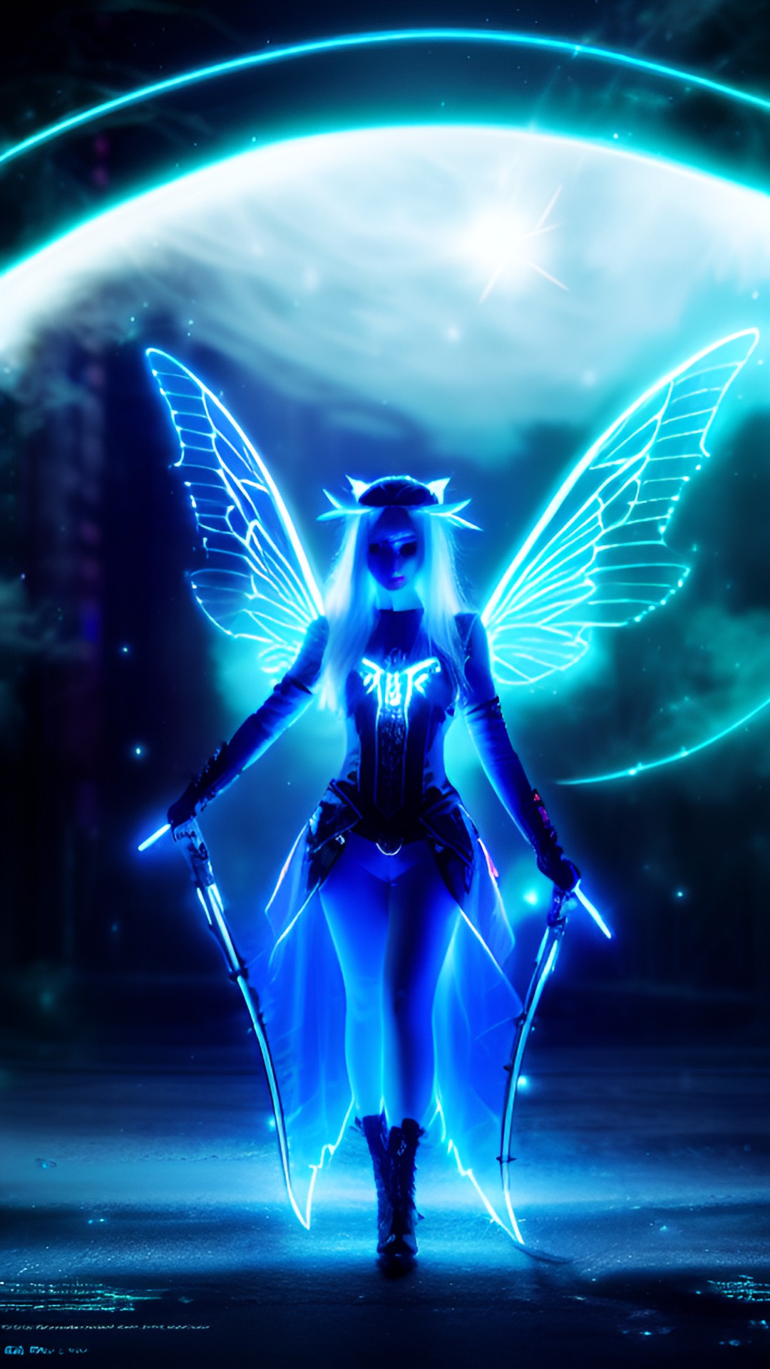 cyberpunk fairy woman with long straight blue hair, large fairy wings, glowing neon eyes, battle pose, electronics & wires, hologram, pointy ears, 8k, extreme intricate detail, hyperreal, excellent composition, fix face, fix hands, detailed eyes, fix mouth, fix nose, sharp focus, no extra limbs, natural skin, loose clothes, turtleneck, city backgro preview