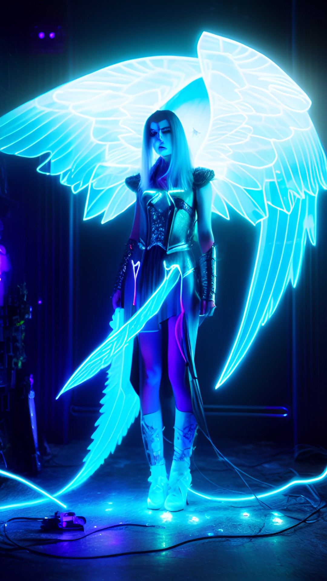 cyberpunk fairy woman with long straight blue hair, large fairy wings, glowing neon eyes, battle pose, electronics & wires, hologram, pointy ears, 8k, extreme intricate detail, hyperreal, excellent composition, fix face, fix hands, detailed eyes, fix mouth, fix nose, sharp focus, no extra limbs, natural skin, loose clothes, turtleneck, city backgro preview