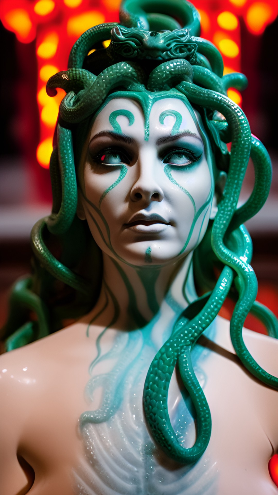 The Gorgon 3 - medusa, with her snake hair slithering around her, stares intently at a man who is frozen in fear as he begins to turn into stone. her piercing eyes glow preview