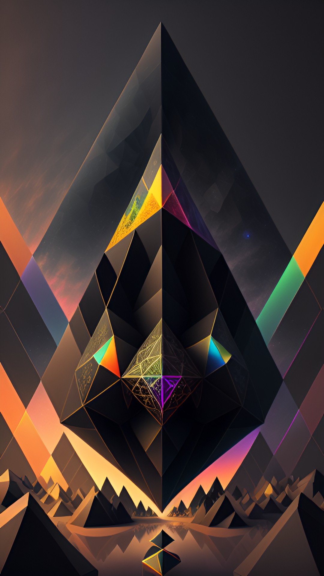 phone wallpaper panorama, platonic solids fractal, sacred geometry, high detail, 8 k, hyper realism, dark, black on black, rainbow highlights… artstation, over the top, primary black, ultimate shadows preview