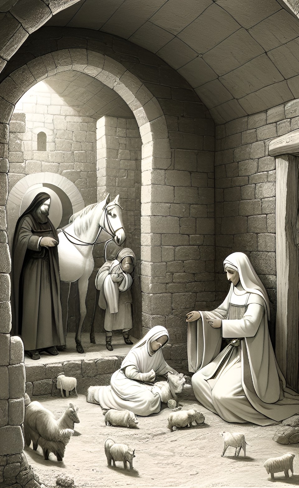 The birth of Jesus in the stable - image of the humble stable where jesus was born. depict mary, joseph, and baby jesus surrounded by gentle animals. the scene should evoke warmth and peace. ready to be colored preview