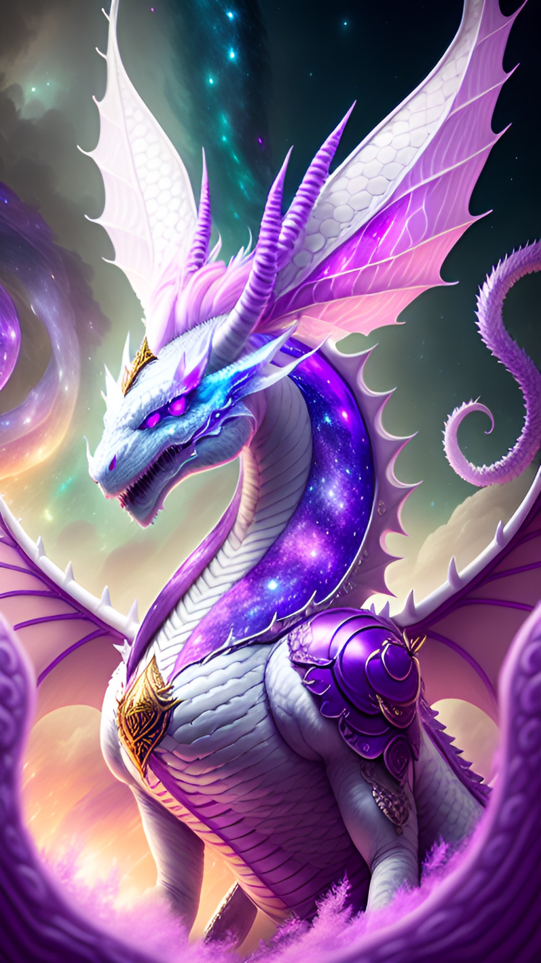 royal queen white dragon with pink hair. galaxy wings. long serpent tail. long purple horns. preview