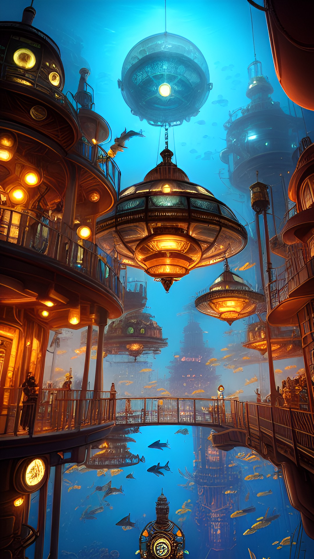 a bright domed city under the ocean. fish swarm all around. the ocean is bottomless. bright city lights show under the domes. preview