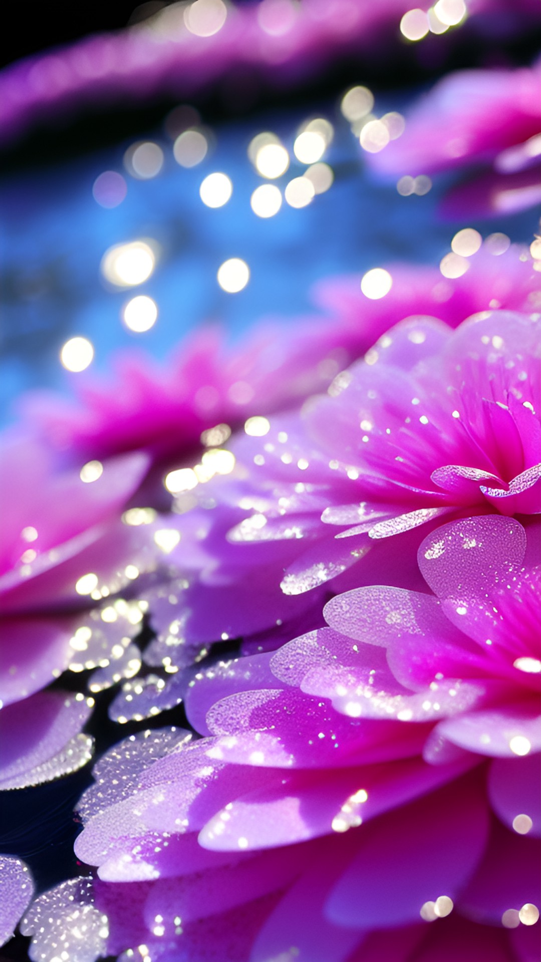 white sparkly water, still, pretty close up, pink flower petals, dewey preview