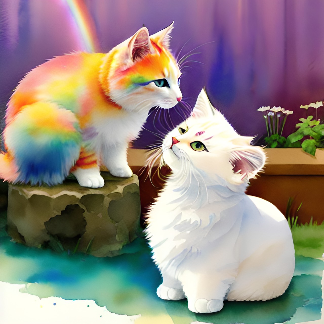 blonde woman kissing white fluffy cat by a rainbow preview