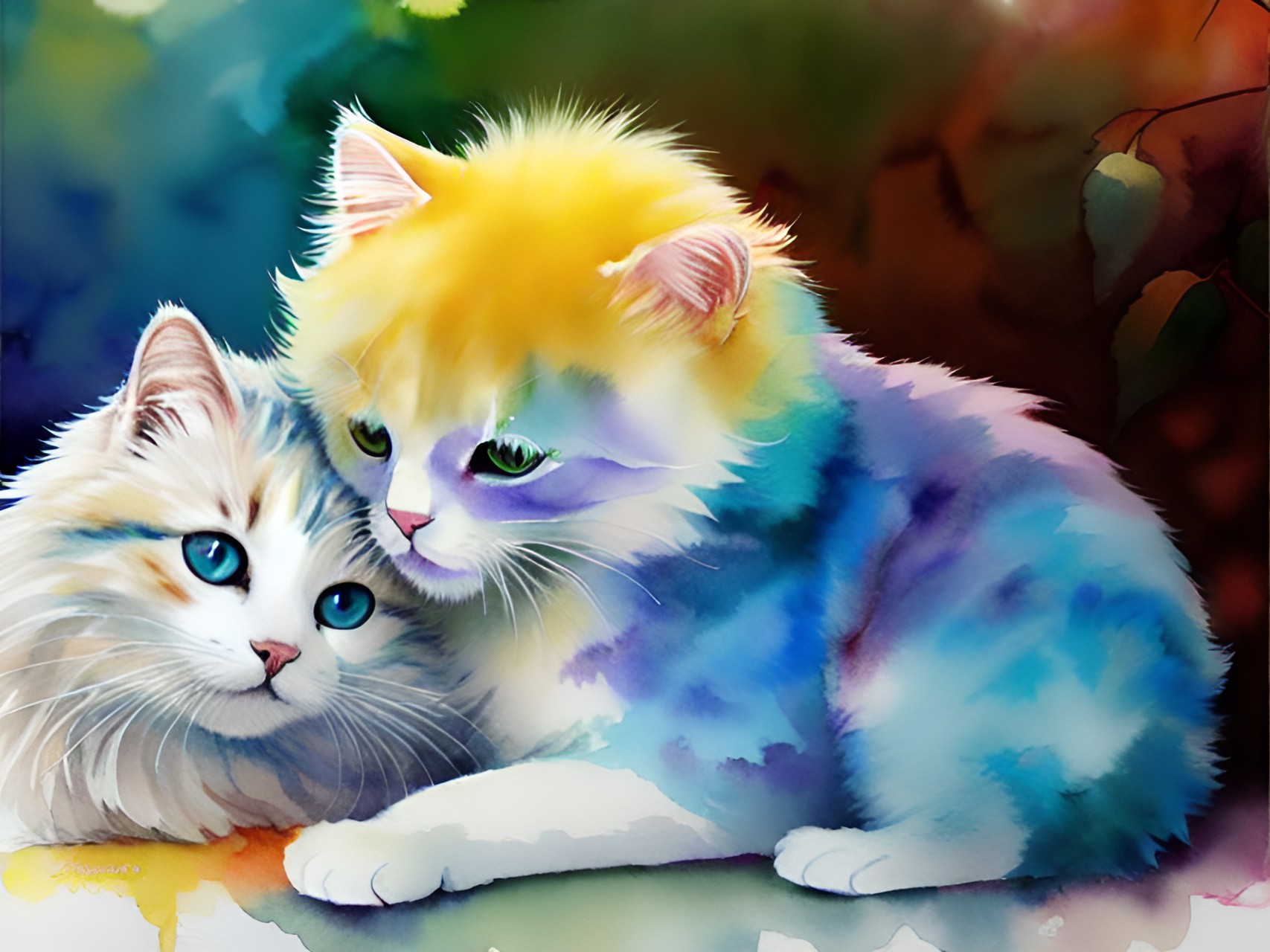 blonde woman kissing white fluffy cat by a rainbow preview