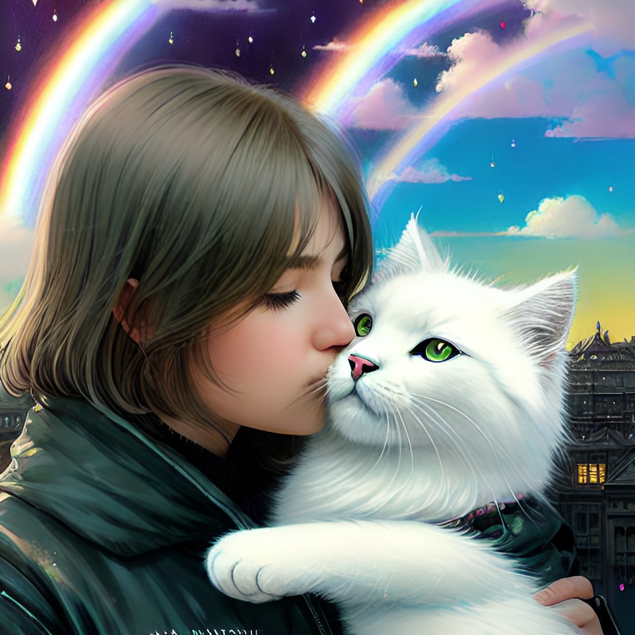 blonde woman kissing a white fluffy cat by a rainbow preview