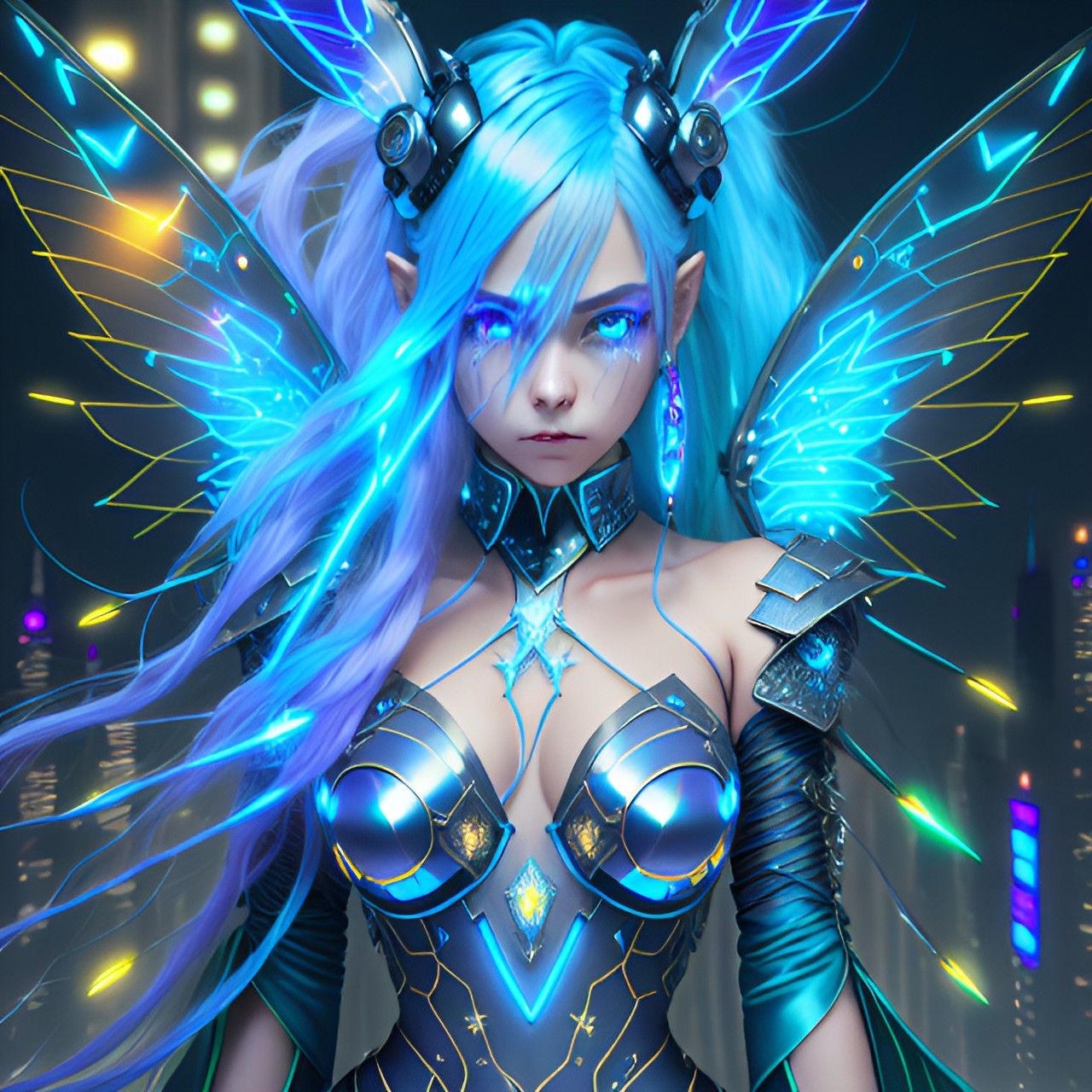 cyberpunk fairy with long straight blue hair, large fairy wings, glowing neon eyes, battle pose, electronics & wires, hologram, pointy ears, 8k, extreme intricate detail, hyperreal, excellent composition, fix face, fix hands, detailed eyes, fix mouth, fix nose, sharp focus, no extra limbs, natural skin, loose clothes, turtleneck, city background preview