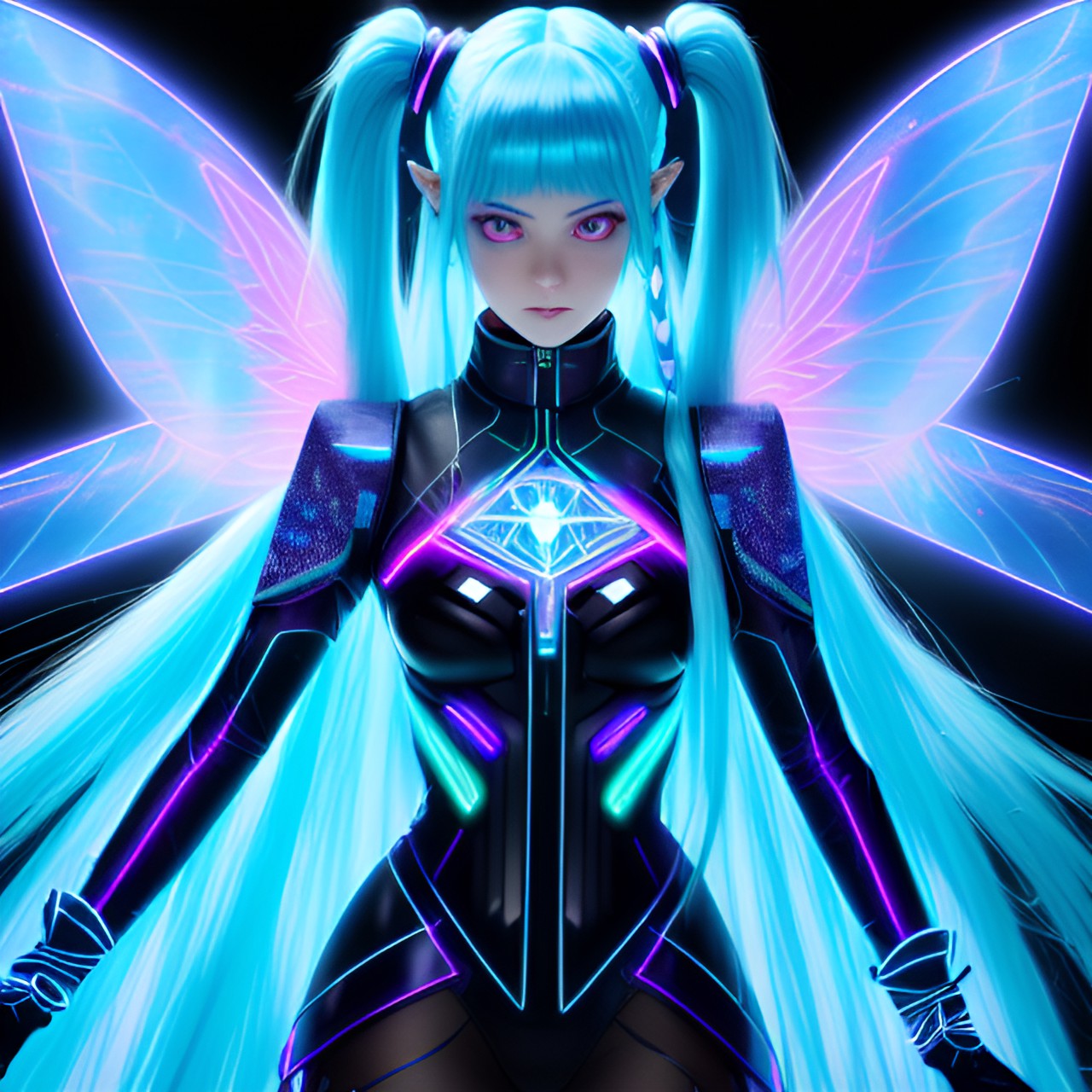 cyberpunk fairy with long straight blue hair, large fairy wings, glowing neon eyes, electronics & wires, hologram, pointy ears, 8k, extreme intricate detail, hyperreal, dynamic composition, fix face, fix hands, detailed eyes, fix mouth, fix nose, sharp focus, no extra limbs, natural skin, loose clothes, turtleneck, rated g, city background preview