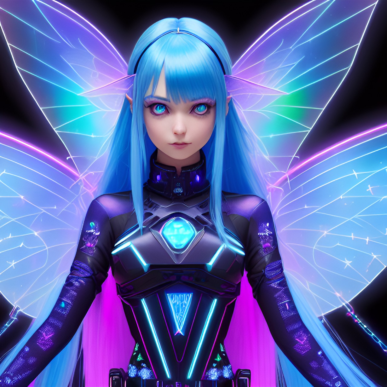 cyberpunk fairy with long straight blue hair, large fairy wings, glowing neon eyes, electronics & wires, hologram, pointy ears, 8k, extreme intricate detail, hyperreal, dynamic composition, fix face, fix hands, detailed eyes, fix mouth, fix nose, sharp focus, no extra limbs, natural skin, loose clothes, turtleneck, rated g, city background preview