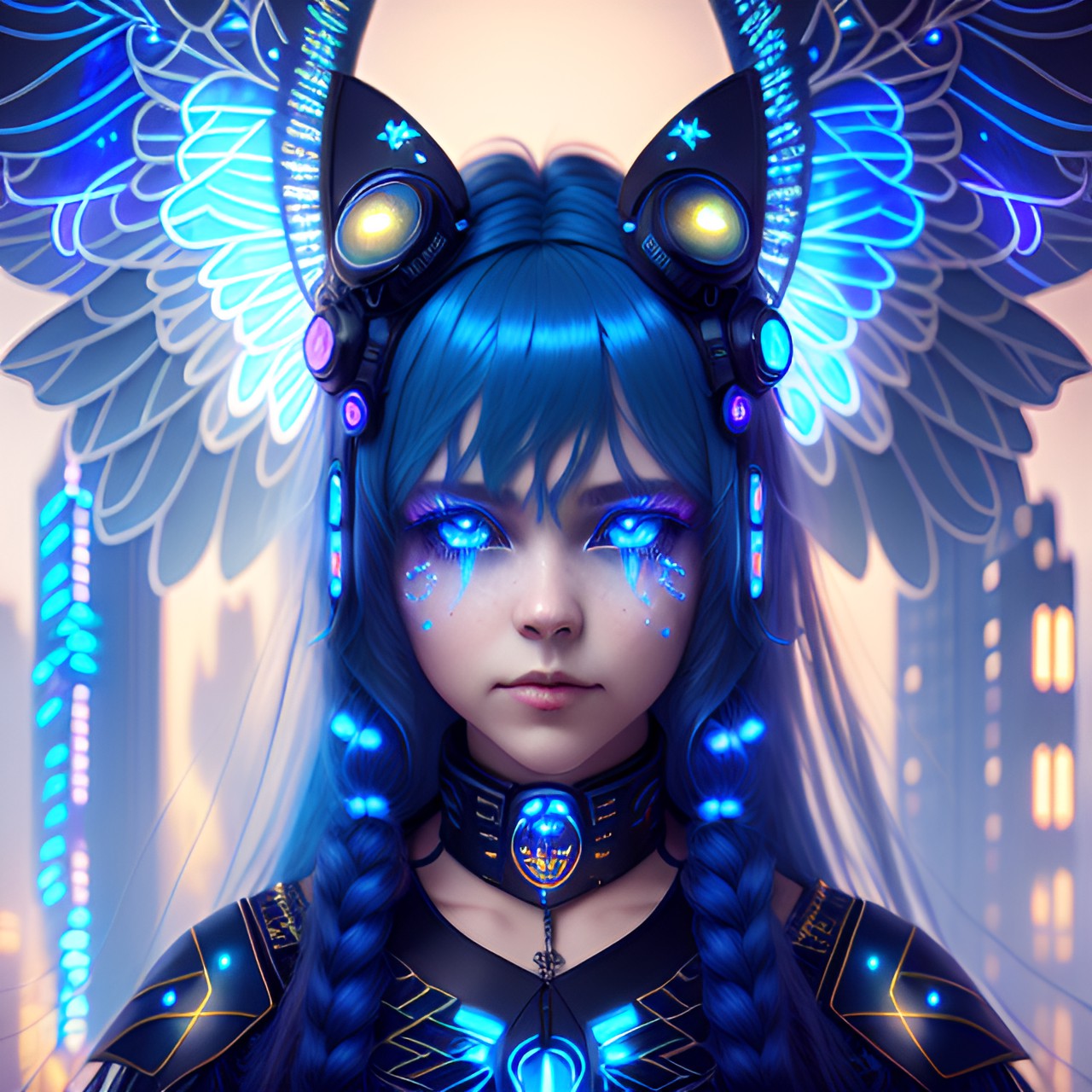 dancing cyberpunk fairy with long straight blue hair, large fairy wings, glowing neon eyes, electronics & wires, hologram, 8k, extreme intricate detail, hyperreal, sharp focus, city background, flowing robes preview