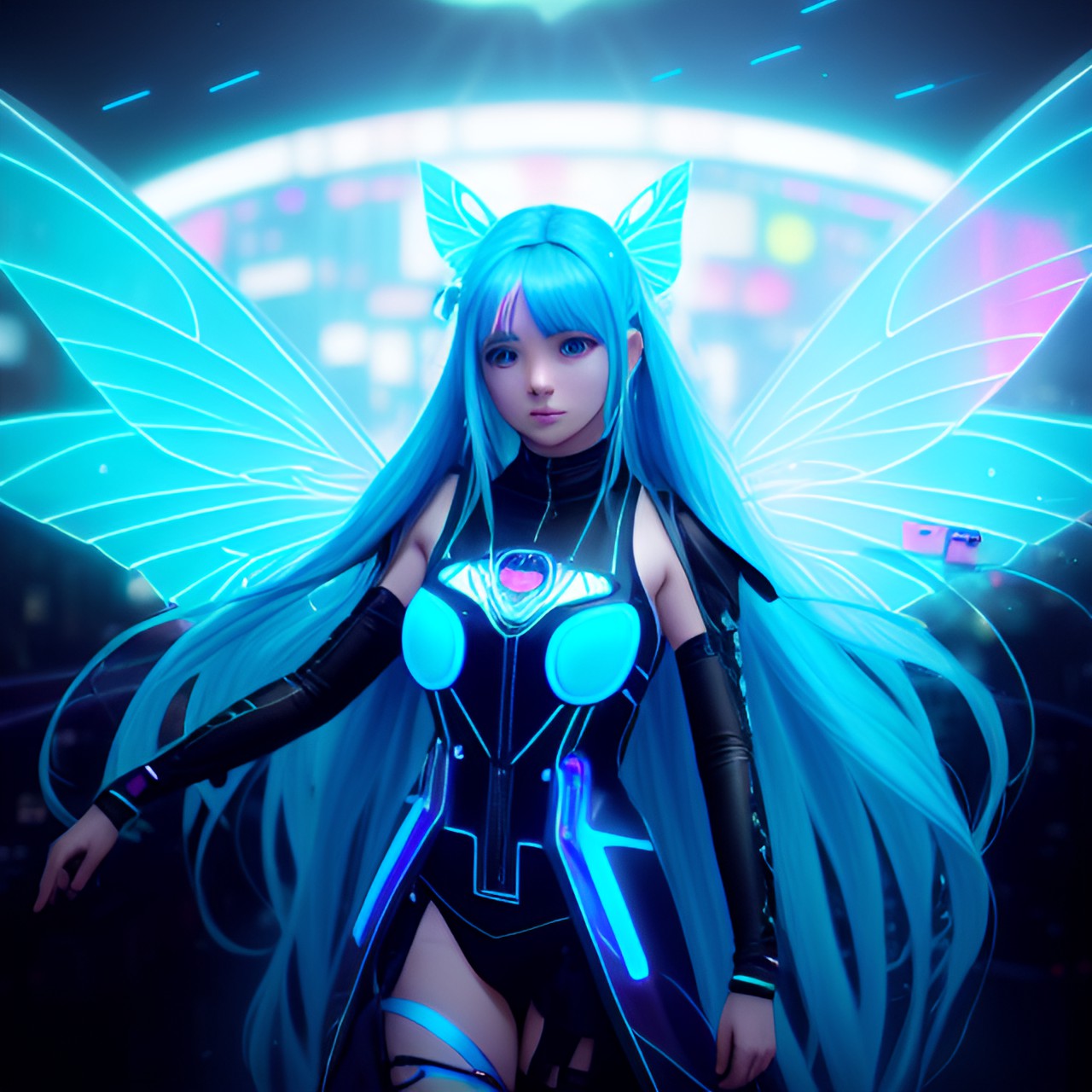 dancing cyberpunk fairy with long straight blue hair, large fairy wings, glowing neon eyes, electronics & wires, hologram, 8k, extreme intricate detail, hyperreal, sharp focus, city background, long flowing matrix coat preview