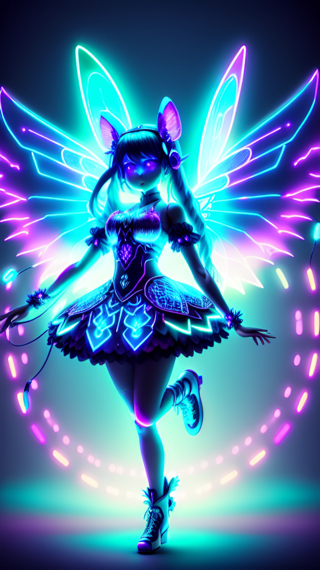 dancing hatsune miku with fairy wings, glowing neon eyes, battle pose, electronics & wires, hologram, 8k, extreme intricate detail, hyperreal, excellent composition, fix face, fix hands, detailed eyes, fix mouth, fix nose, sharp focus, no extra limbs, natural skin, strong sense of motion, preview