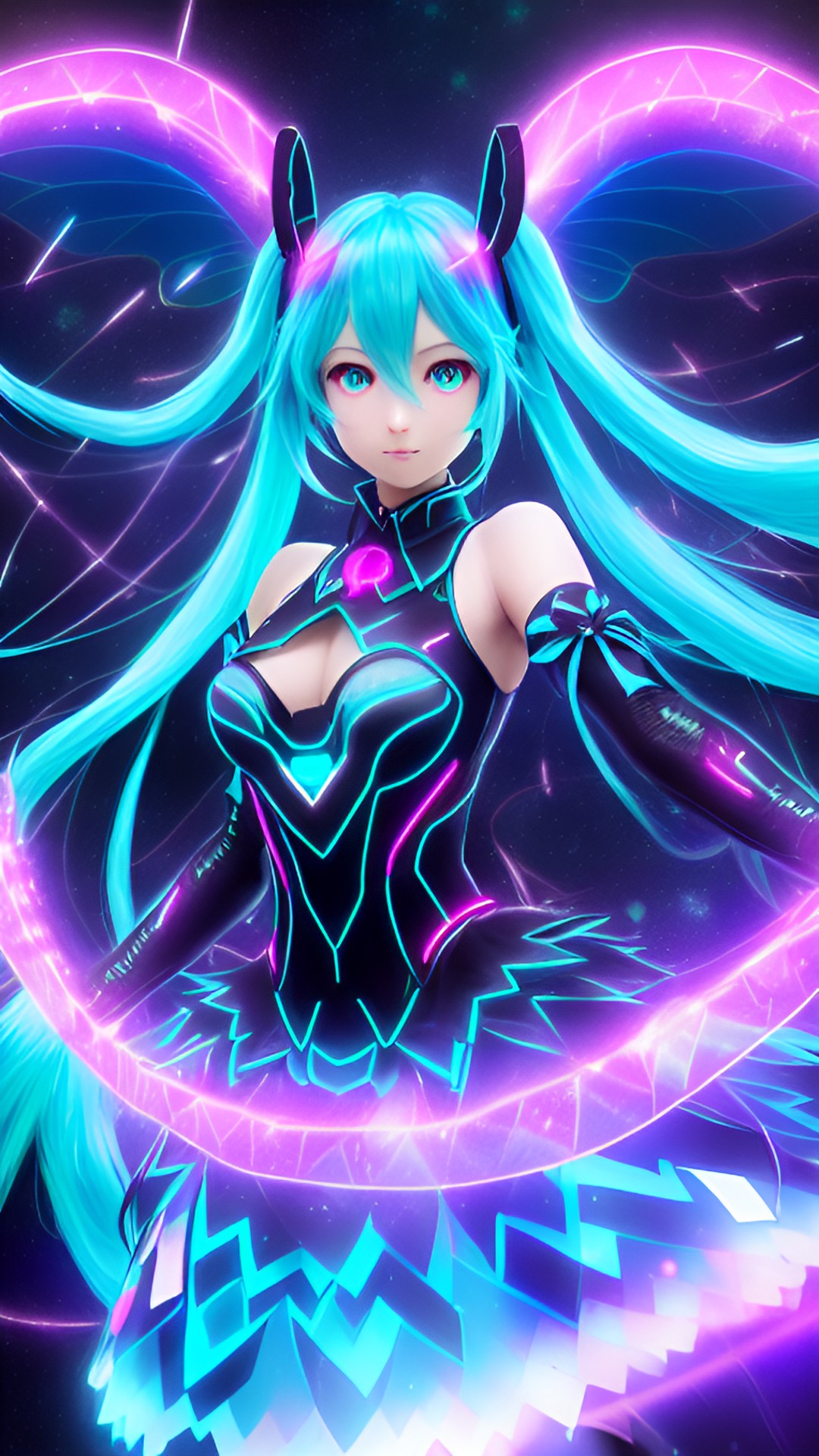 dancing hatsune miku with fairy wings, glowing neon eyes, battle pose, electronics & wires, hologram, 8k, extreme intricate detail, hyperreal, excellent composition, fix face, fix hands, detailed eyes, fix mouth, fix nose, sharp focus, no extra limbs, natural skin, strong sense of motion, preview