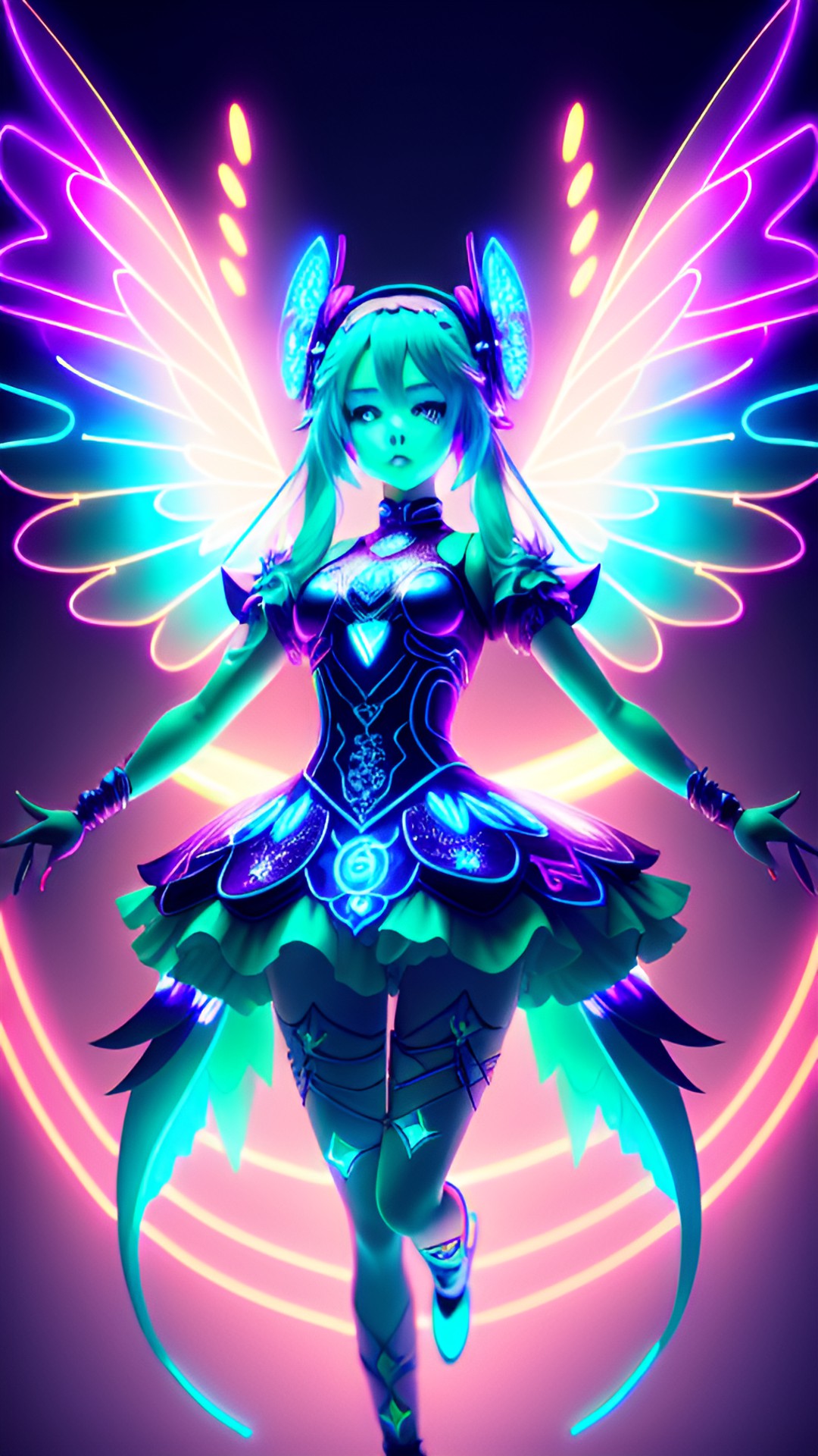 dancing hatsune miku with fairy wings, glowing neon eyes, battle pose, electronics & wires, hologram, 8k, extreme intricate detail, hyperreal, excellent composition, fix face, fix hands, detailed eyes, fix mouth, fix nose, sharp focus, no extra limbs, natural skin, strong sense of motion, preview