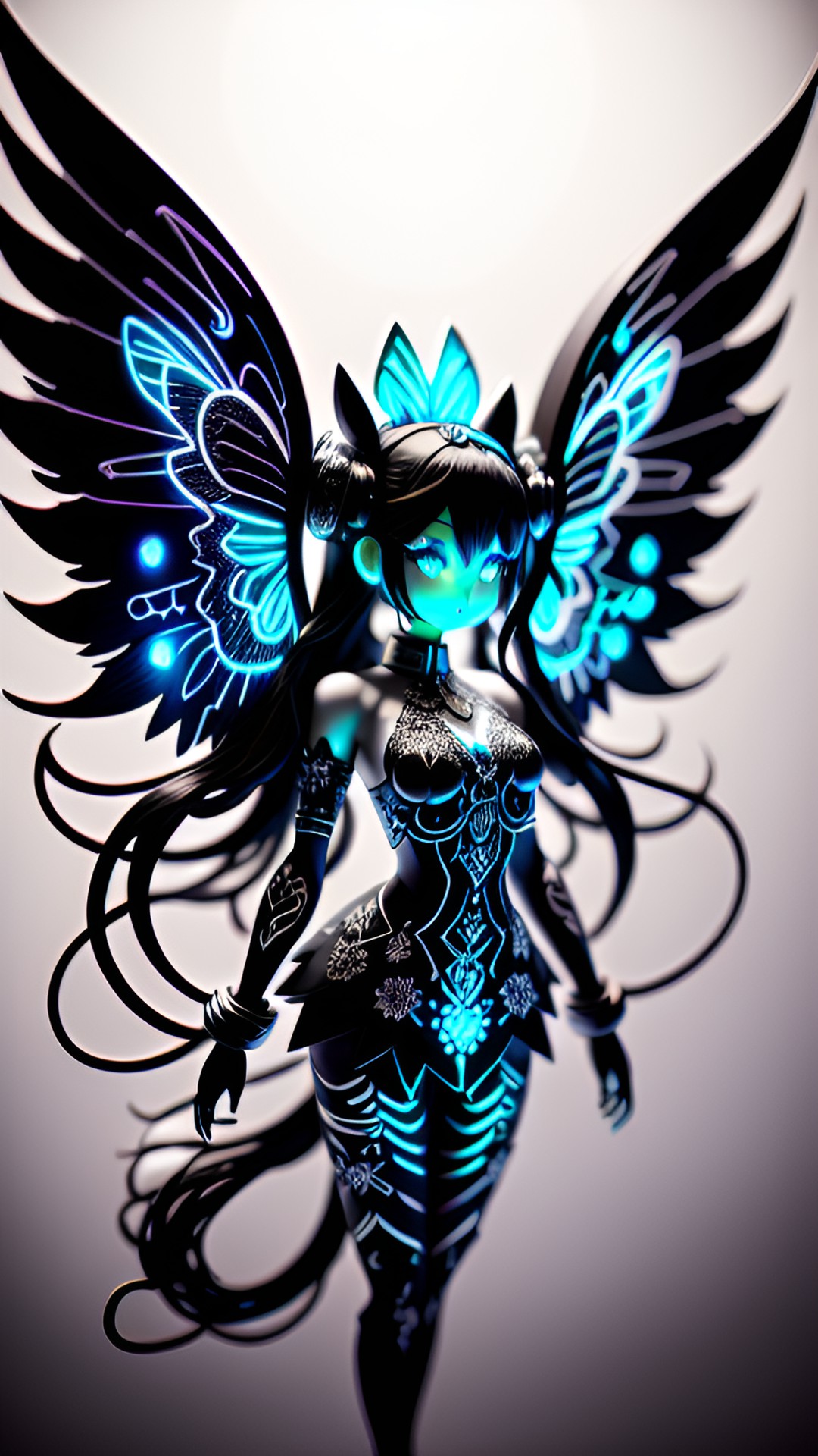 dancing hatsune miku with fairy wings, glowing neon eyes, battle pose, electronics & wires, hologram, 8k, extreme intricate detail, hyperreal, excellent composition, fix face, fix hands, detailed eyes, fix mouth, fix nose, sharp focus, no extra limbs, natural skin, strong sense of motion, preview