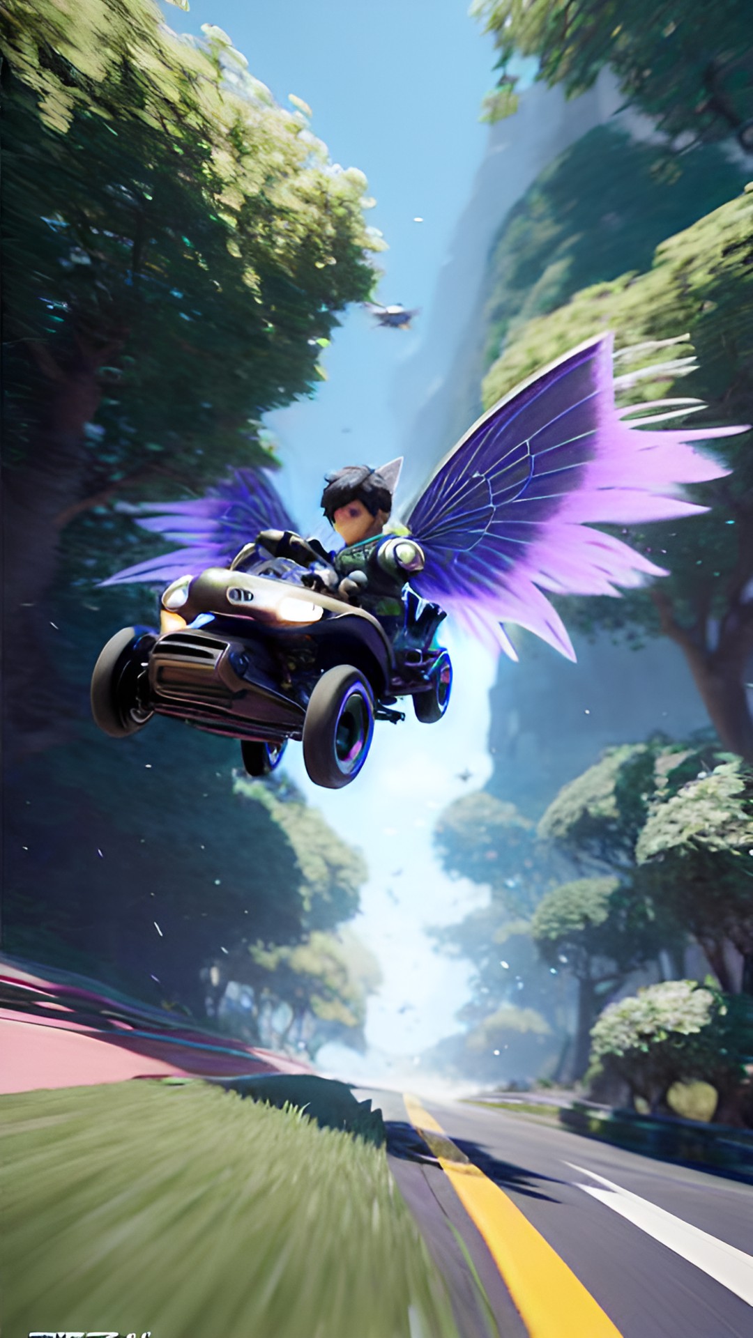 a pixie with fairy wings, in his go kart, racing for the finish line. preview