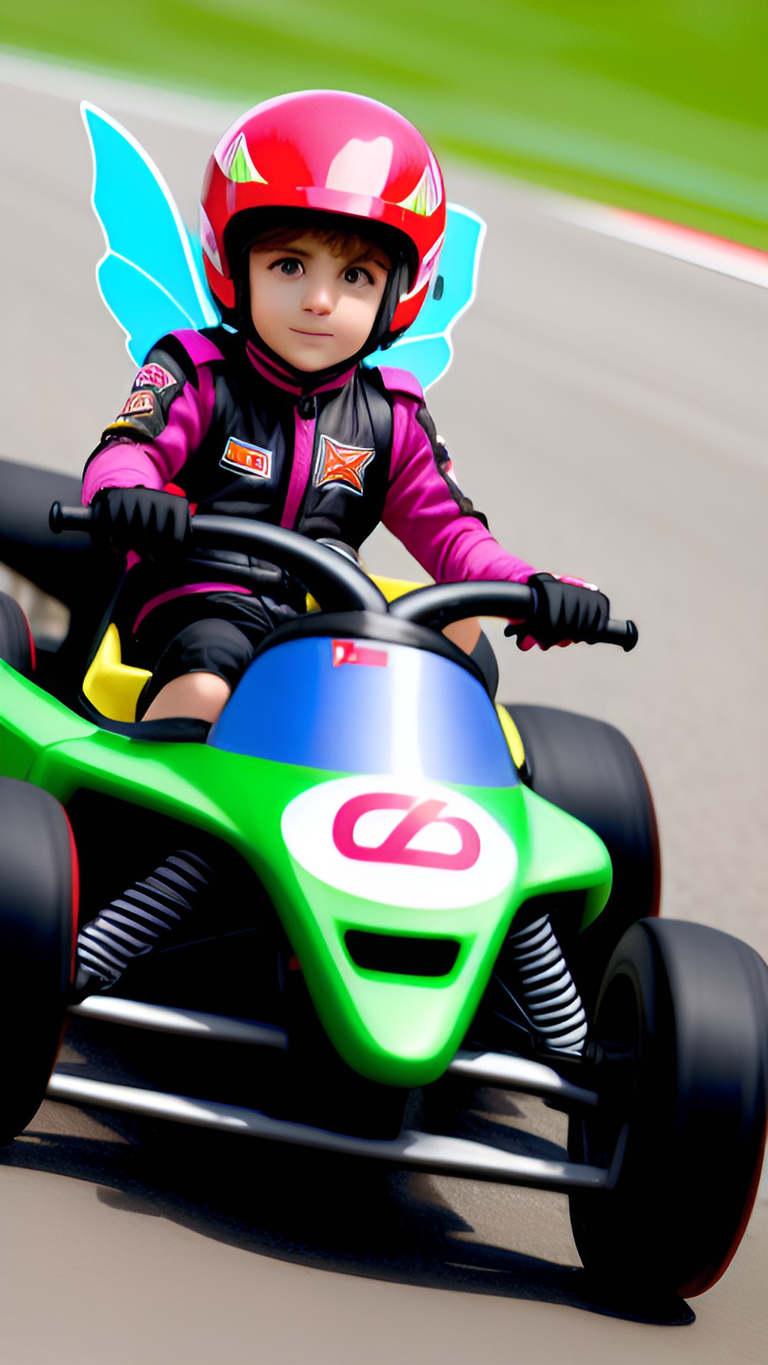 a pixie with fairy wings, in his go kart, racing for the finish line. preview