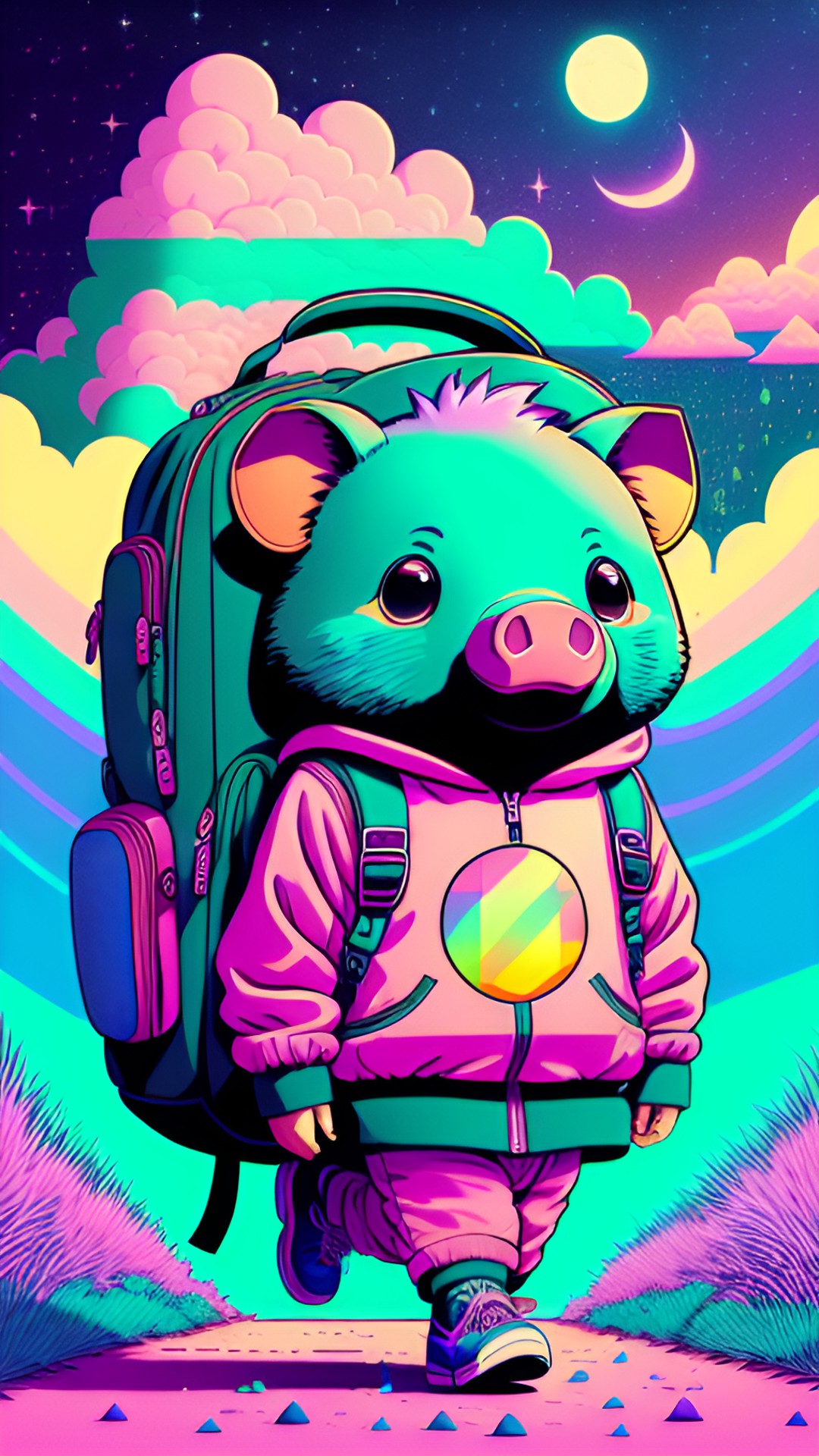 piggy down the path to school with his new backpack. preview