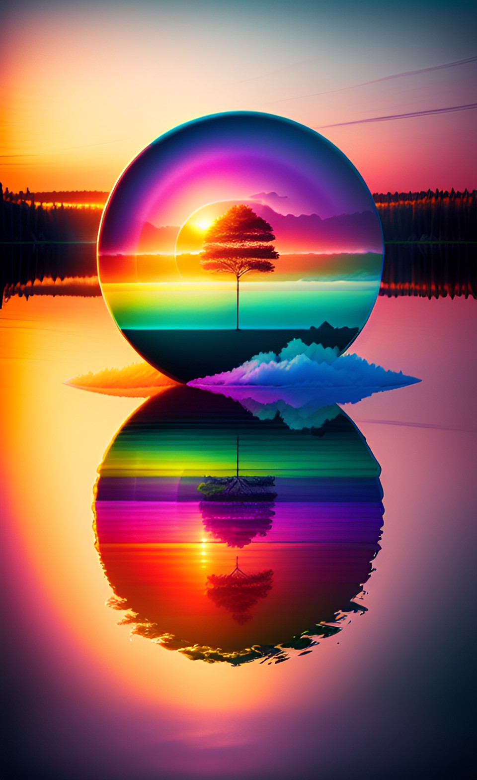 a large baumkuchen floating on the surface of a rainbow-colored lake, sunrise preview