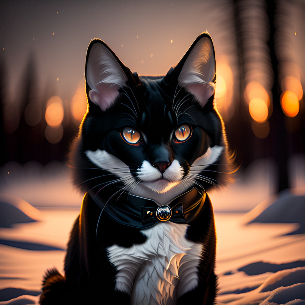 a sleek and mysterious tuxedo creature of the night with glowing eyes bushy tail and white paws preview