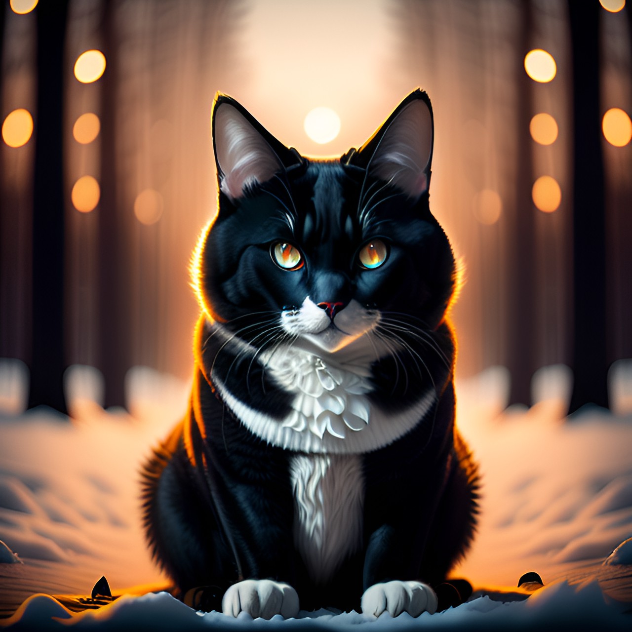 a sleek and mysterious tuxedo creature of the night with glowing eyes bushy tail and white paws preview