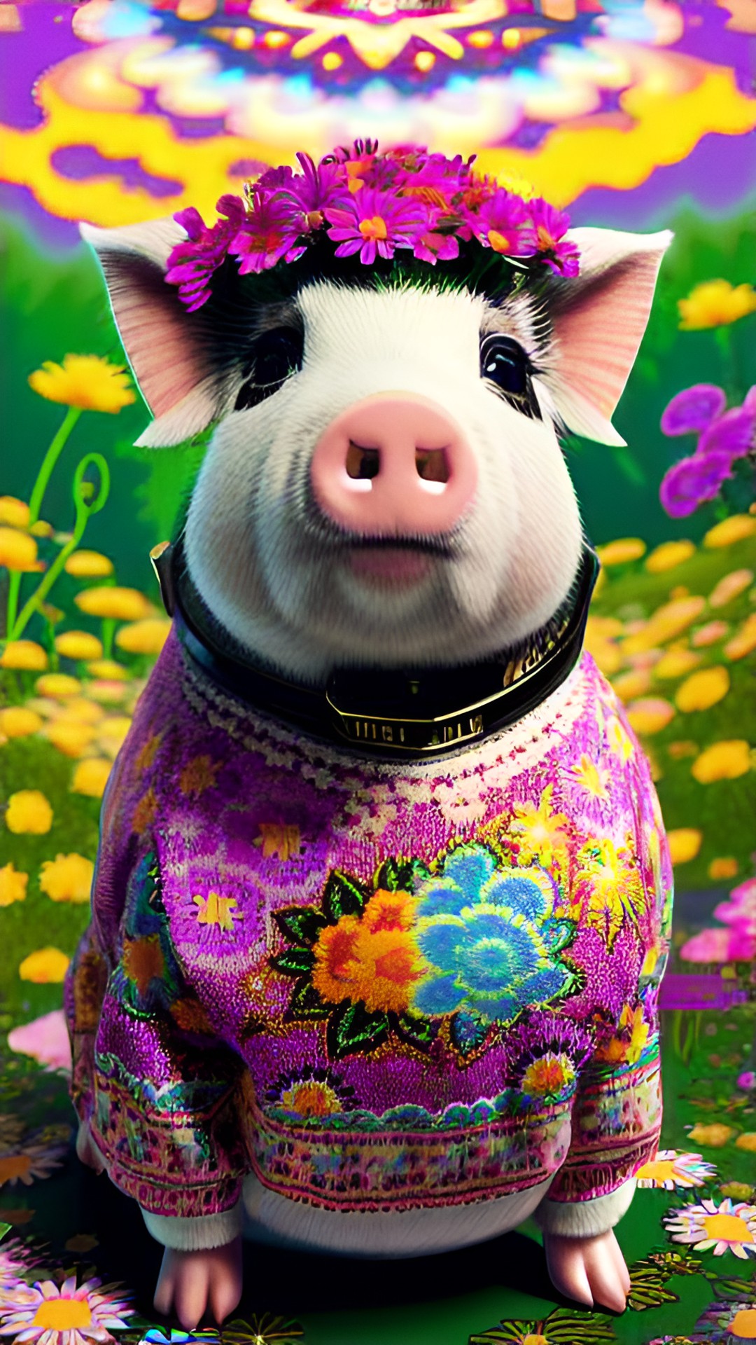 a piggy wearing bell bottoms in the psychedelic 70s. he’s got a ring of flowers on his head and there are hippy daisies everywhere. preview