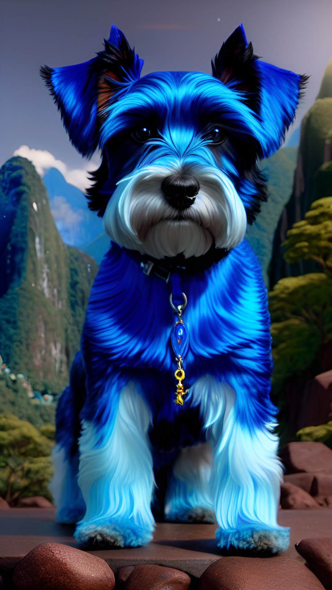 a gorgeous vivid royal blue miniature schnauzer at a strange location that looks like machu picchu with giant pyramids preview