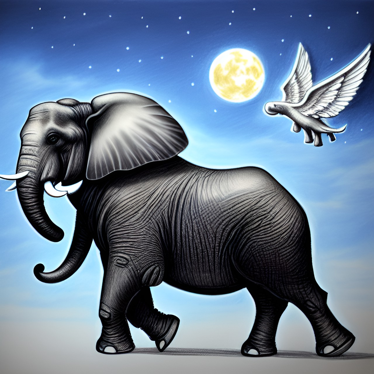 Flying elephant - realistic drawing of a flying and winged elephant under the moonlight preview