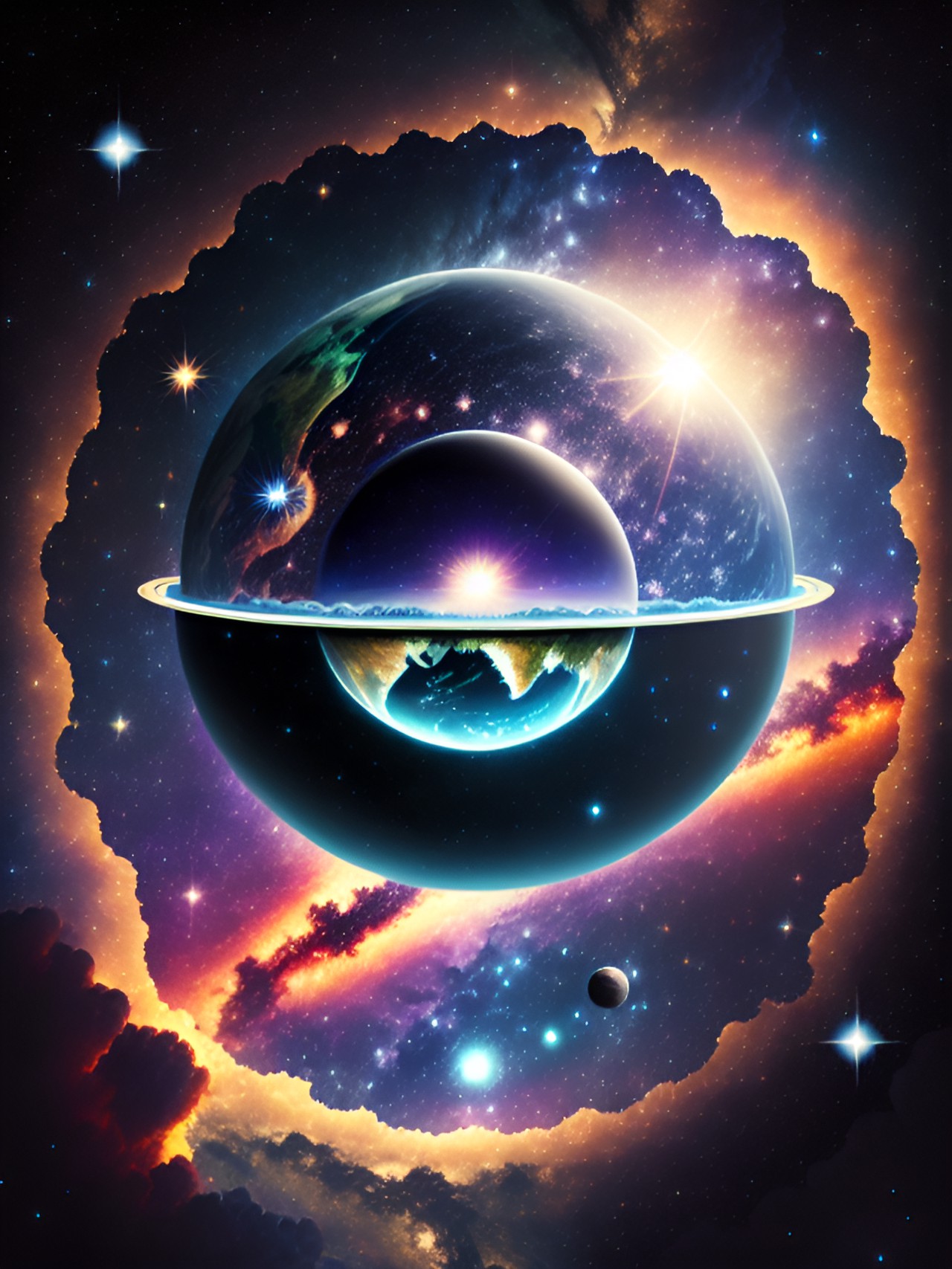 flat earth floating in space with stars and universes in the background <as> preview