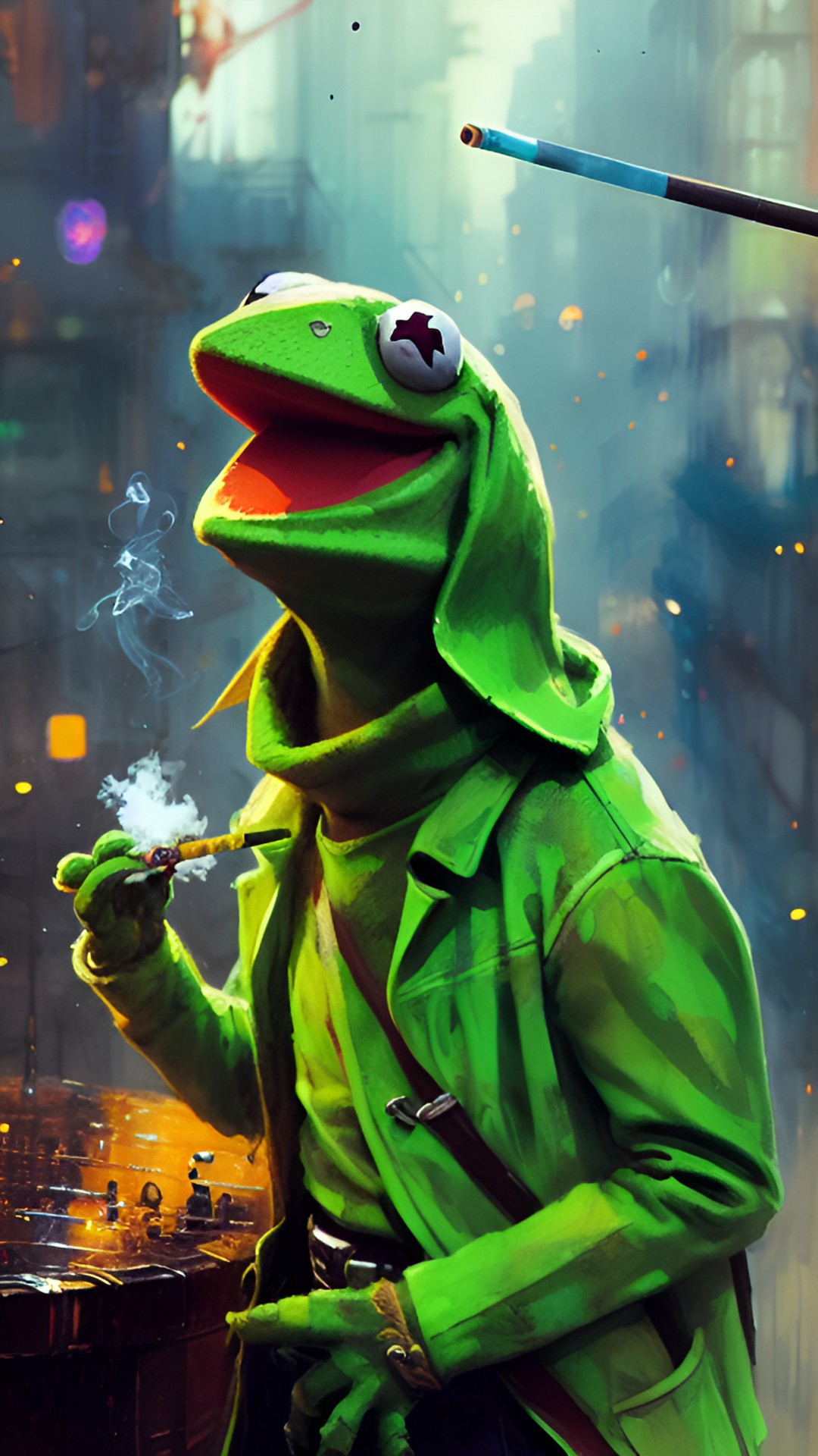 kermit the frog smoking a cigarette. his face has a mischievous expression, and smoke swirls around him. preview