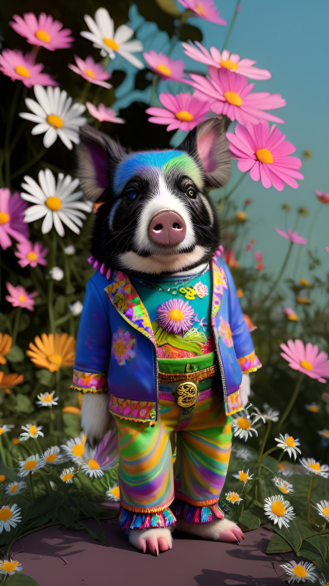 a hippy piggy wearing bell bottoms in the psychedelic 70s. he’s got a ring of flowers on his head and there are hippy daisies everywhere. preview