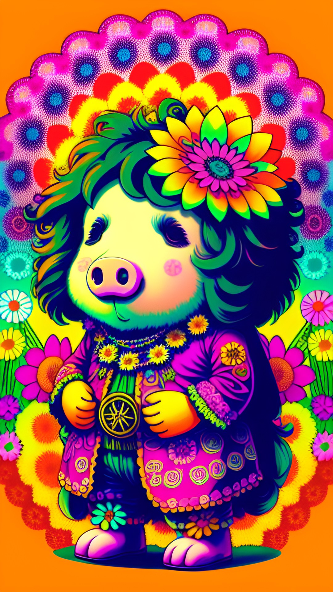 a hippy piggy wearing bell bottoms in the psychedelic 70s. he’s got a ring of flowers on his head and there are hippy daisies everywhere. preview