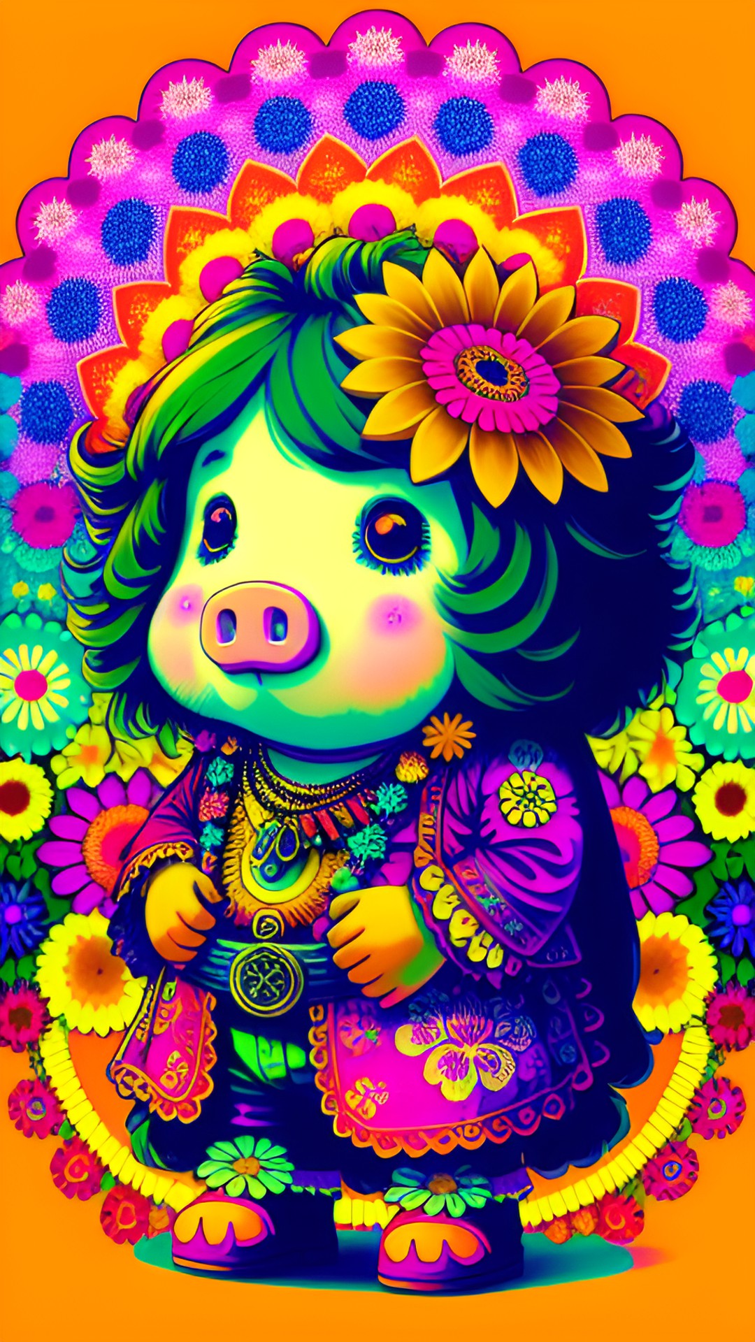 a hippy piggy wearing bell bottoms in the psychedelic 70s. he’s got a ring of flowers on his head and there are hippy daisies everywhere. preview