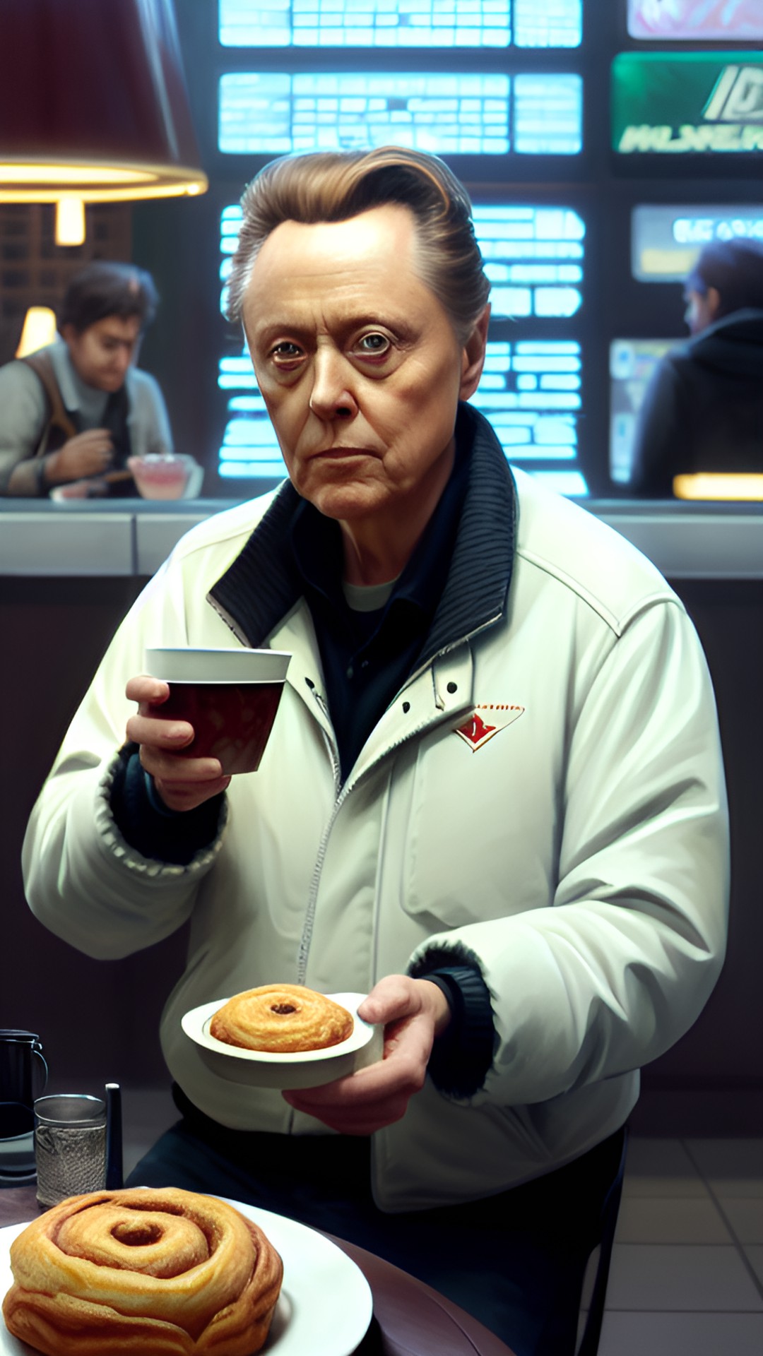 christopher walken enjoying a cinnamon roll. preview