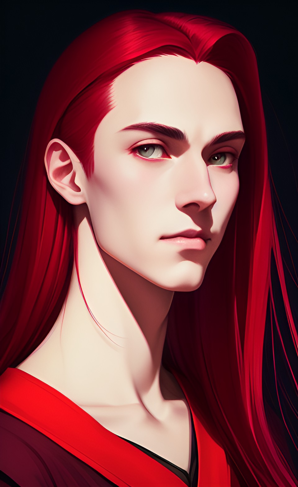 Alex - portrait. middle ages thin vampire with clean-shaved clear hairless face, graceful. red long hair. by annibal carracci, kinemacolor, 4d, super-resolution, artificial lighting preview